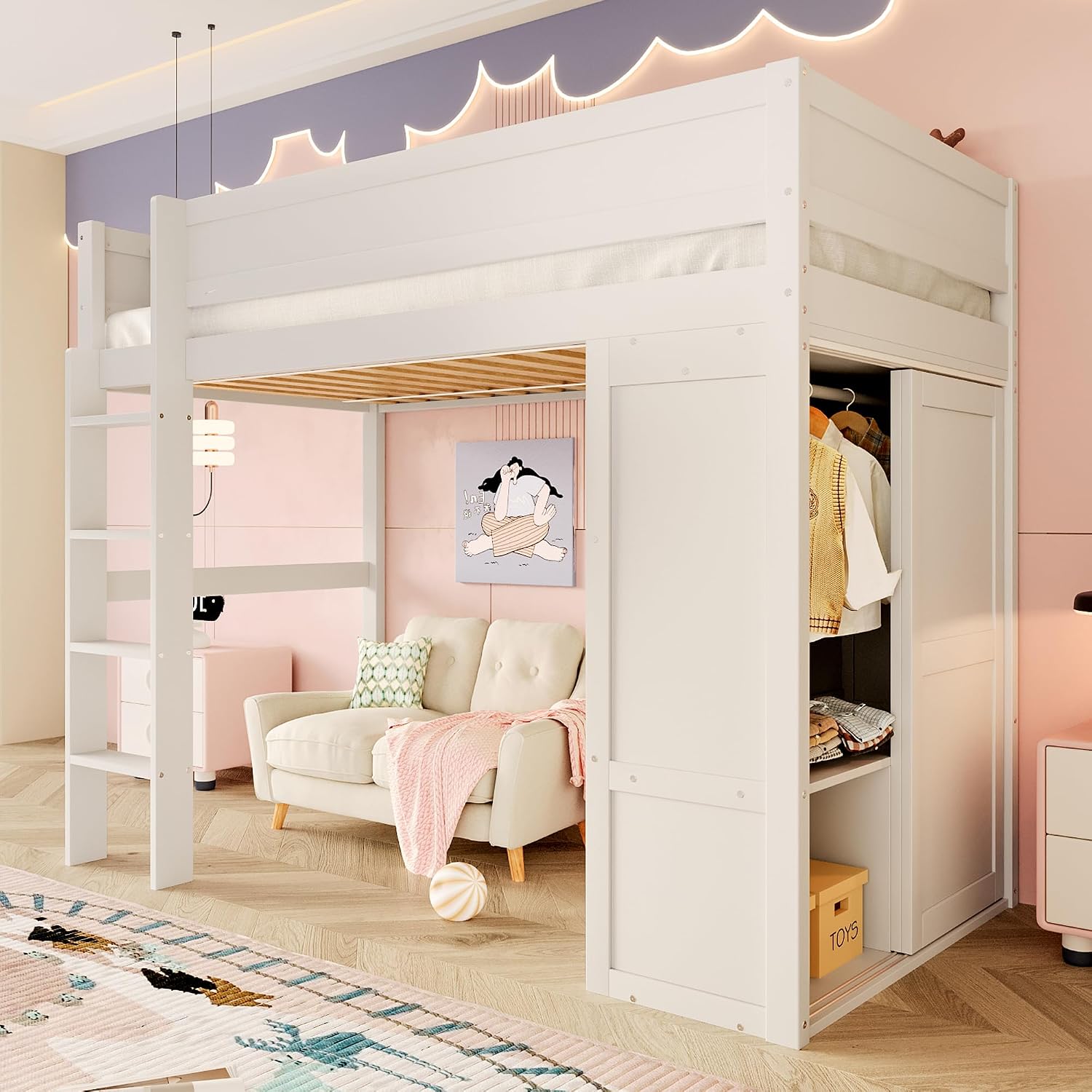 Merax Kinderbett Hochbett 90x200 cm mit Kleiderschrank, Staufach und offener Unterbettraum, aus Kiefernholz, Bettgestell mit Lattenrost(ohne Matratze) für Kinderzimmer, Weiß — Ansicht 4