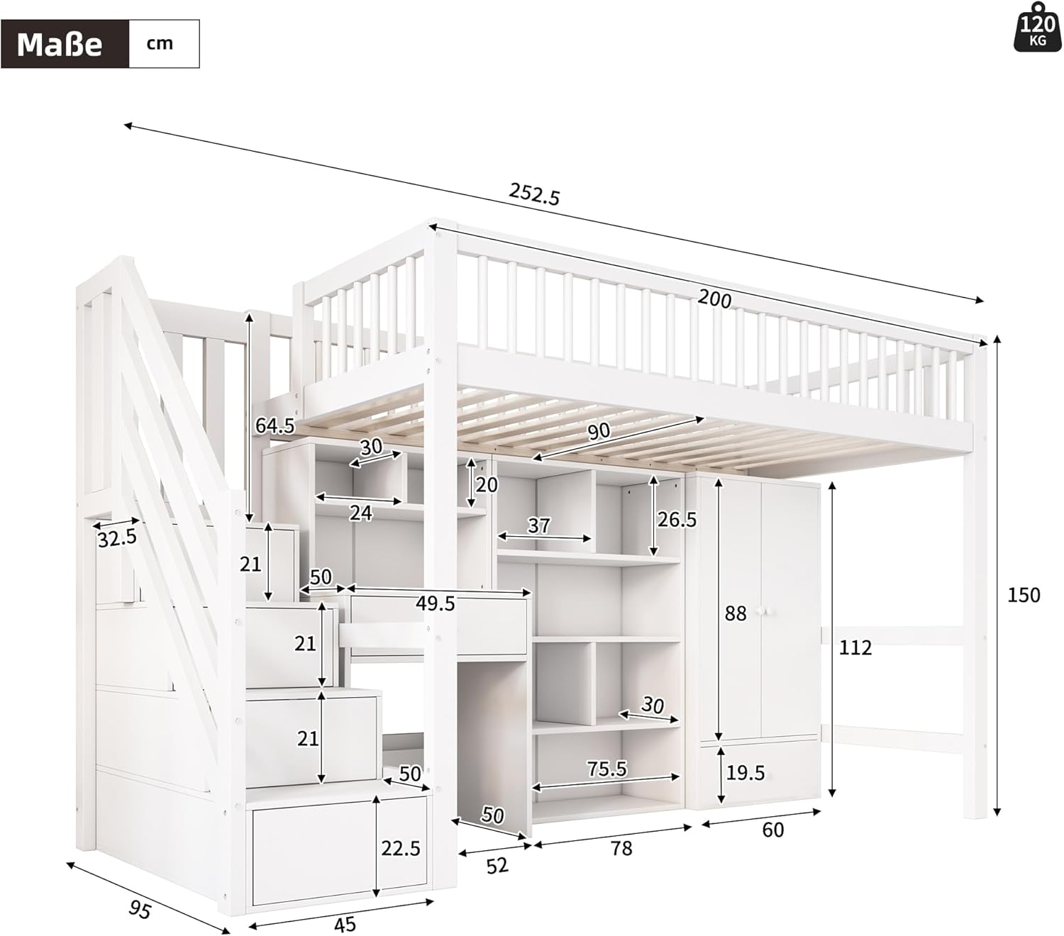Merax Kinderbett Hochbett 90x200cm, mit Treppe Staufach Stauraum,Kleiderschrank,Schreibtisch und Bücherschrank, Etagenbett mit Lattenrost,Rausfallschutz, Ohne Matratze,Weiß/252.5×95×150cm — Ansicht 2