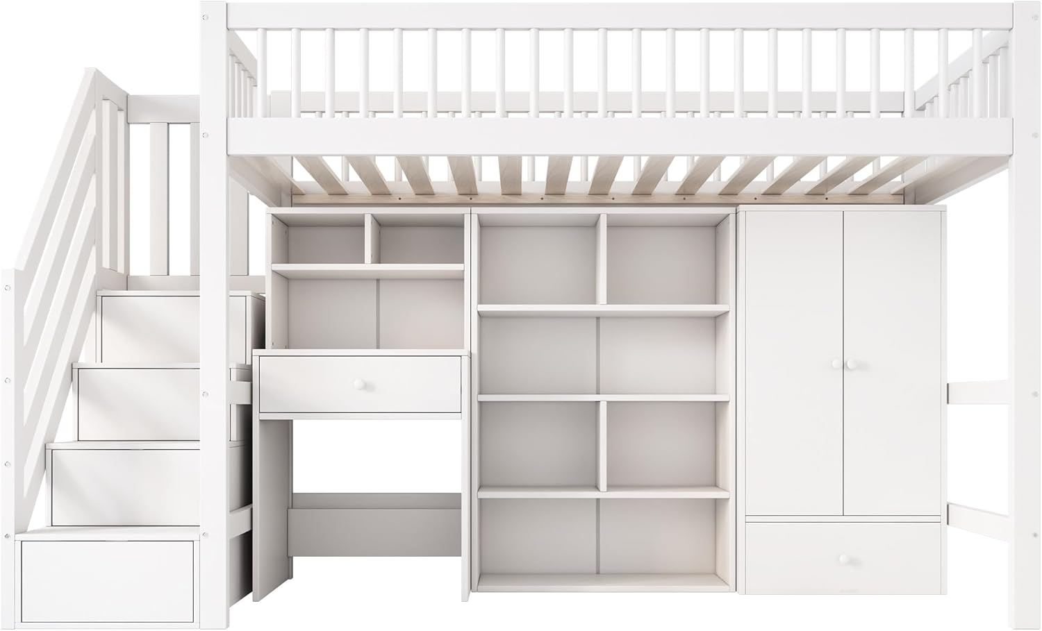 Merax Kinderbett Hochbett 90x200cm, mit Treppe Staufach Stauraum,Kleiderschrank,Schreibtisch und Bücherschrank, Etagenbett mit Lattenrost,Rausfallschutz, Ohne Matratze,Weiß/252.5×95×150cm — Ansicht 6