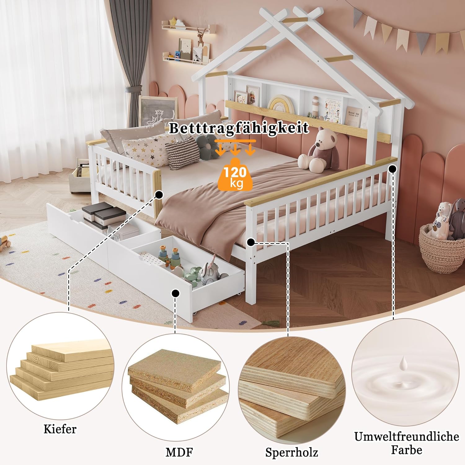 Merax Kinderbett Jugendbett 140x200cm, Hausbett mit Schubladen und Lagerregal, Doppelbett mit Rausfallschutz und Lattenrost, Dachdesign, Multifunktionales Tagesbett für Jungen und Mädchen, Weiß&Natur — Ansicht 5