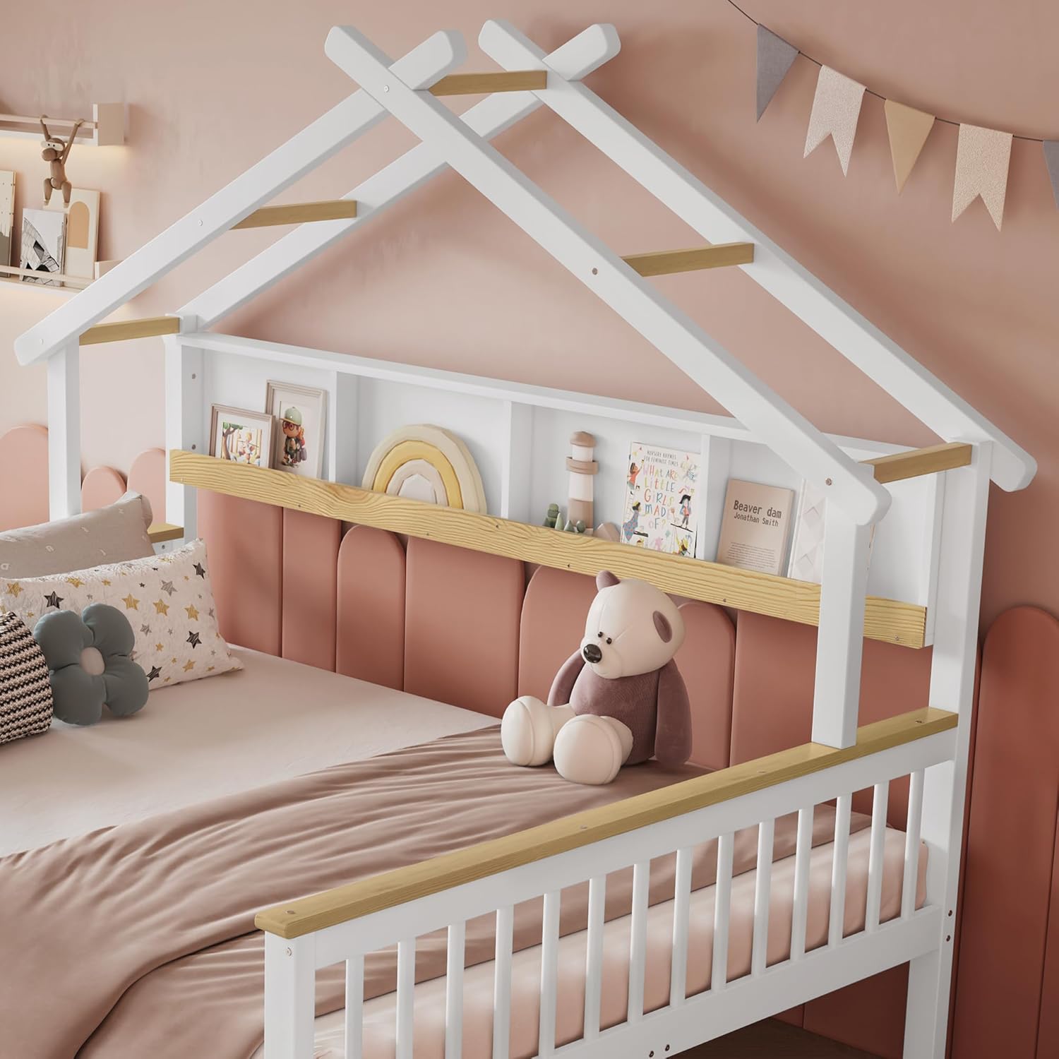 Merax Kinderbett Jugendbett 140x200cm, Hausbett mit Schubladen und Lagerregal, Doppelbett mit Rausfallschutz und Lattenrost, Dachdesign, Multifunktionales Tagesbett für Jungen und Mädchen, Weiß&Natur — Ansicht 6