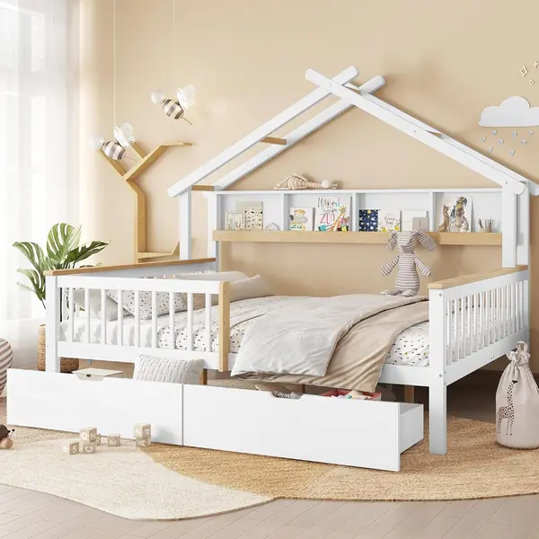 Kinderbett Jugendbett 140x200cm – Dachdesign, Weiß&Natur