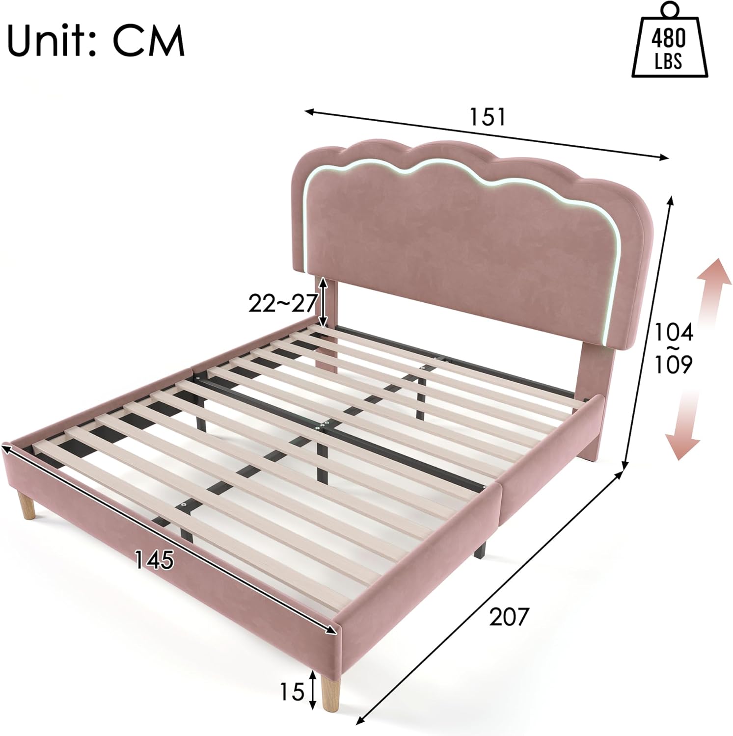 Merax Kinderbett Polsterbett 140x200cm, Doppelbett Bettgestell mit Lattenrost & Verstellbares Kopfteil, süßes Jugendbett mit LED-Kopfteil in Puff-Form, Bettrahmen, Leinenmaterial, ohne Matratze, Rosa — Ansicht 2