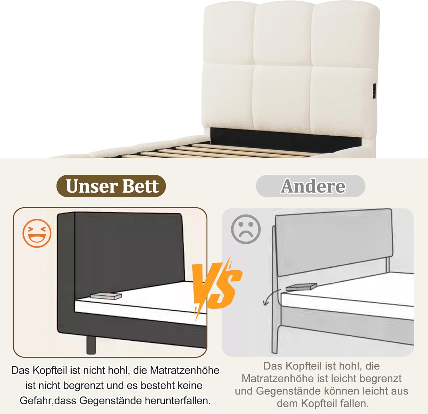 Merax Kinderbett Polsterbett 90x200cm hydraulisches Funktionsbett, mit Lattenrost, gepolstertes Kopfteil, USB-Ladeanschluss, Bouclé, Beige(ohne Matratze) — Ansicht 6