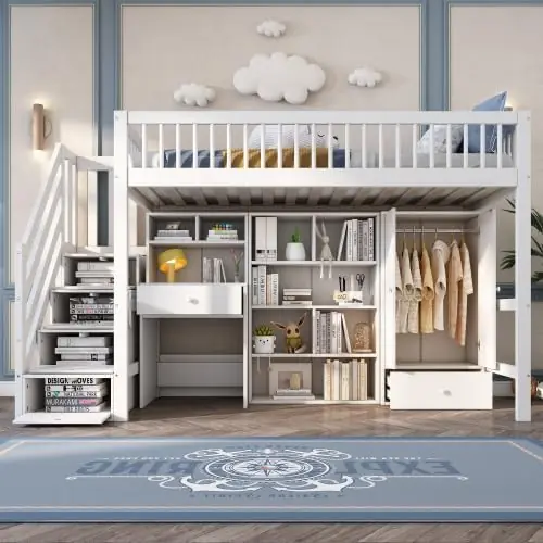 Kinderhochbett 90x200 cm – Weiß, Treppe