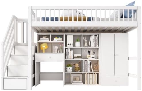 Merax Kinderhochbett 90x200 cm, Weiß, Multifunktionales Etagenbett mit Schreibtisch, Treppe, Kleiderschrank, Aufbewahrungsschubladen, Massivholz + MDF, Ohne Matratze — Ansicht 6