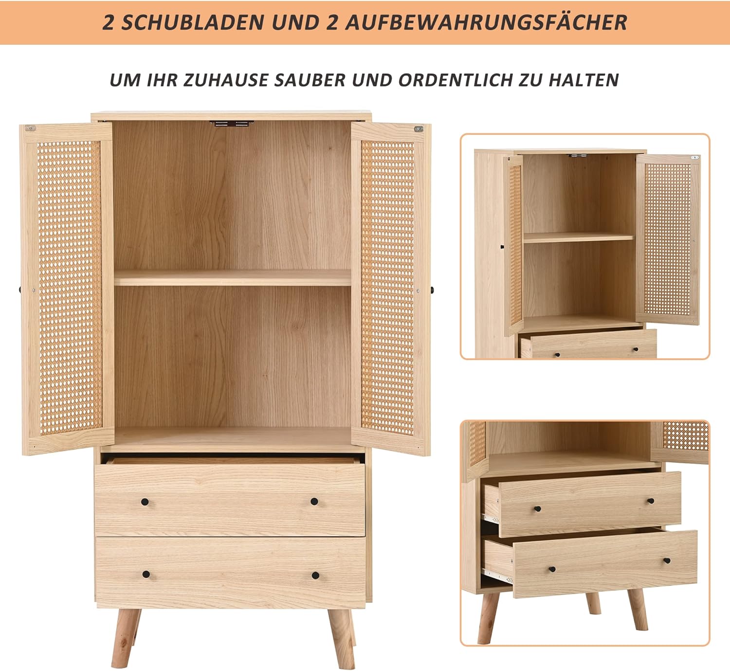 Merax Kommode mit 2 große Schubladen und 2 Türen, Badezimmerschrank aus Holz mit Rattan Türen, Highboard Küchenschrank Bücherschrank, für Schlafzimmer & Wohnräume & Büro, Offwhite, 60 x 40 x 120 cm — Ansicht 4