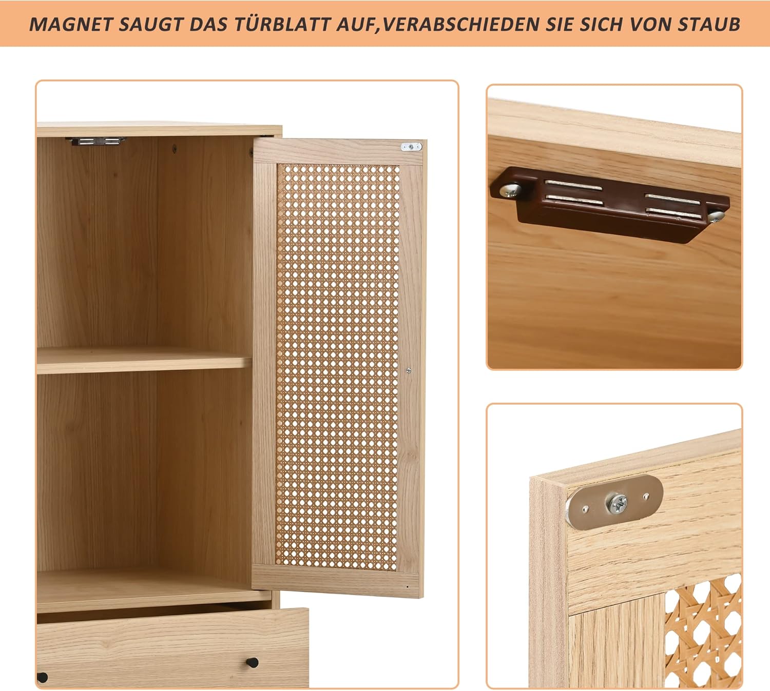 Merax Kommode mit 2 große Schubladen und 2 Türen, Badezimmerschrank aus Holz mit Rattan Türen, Highboard Küchenschrank Bücherschrank, für Schlafzimmer & Wohnräume & Büro, Offwhite, 60 x 40 x 120 cm — Ansicht 6