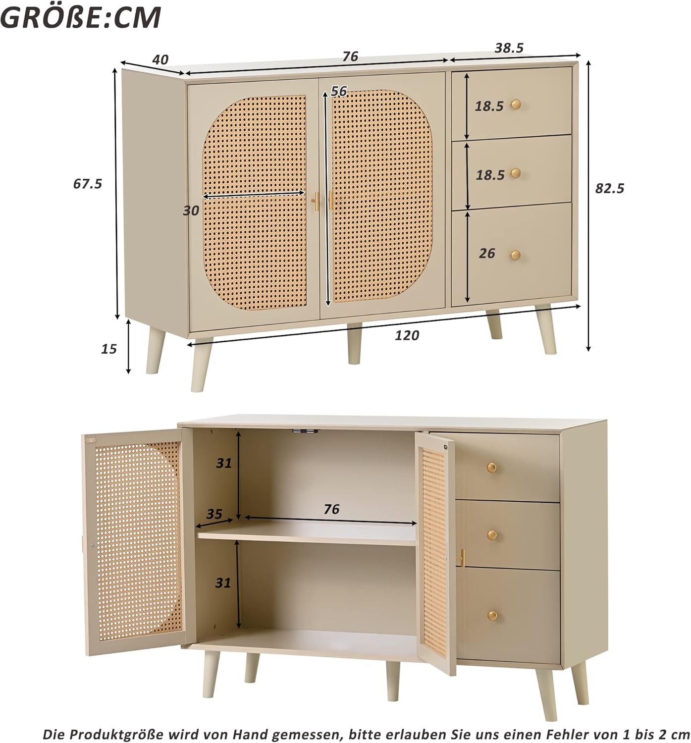 Merax Kommode mit 3 Schubladen und 2 Türen, Rattan Sideboard Schubladenschrank aus Holz, Highboard TV-Tisch mit viel Stauraum, für Schlafzimmer & Wohnräume & Büro, Offwhite, 120 x 40 x 82,5 cm — Ansicht 2