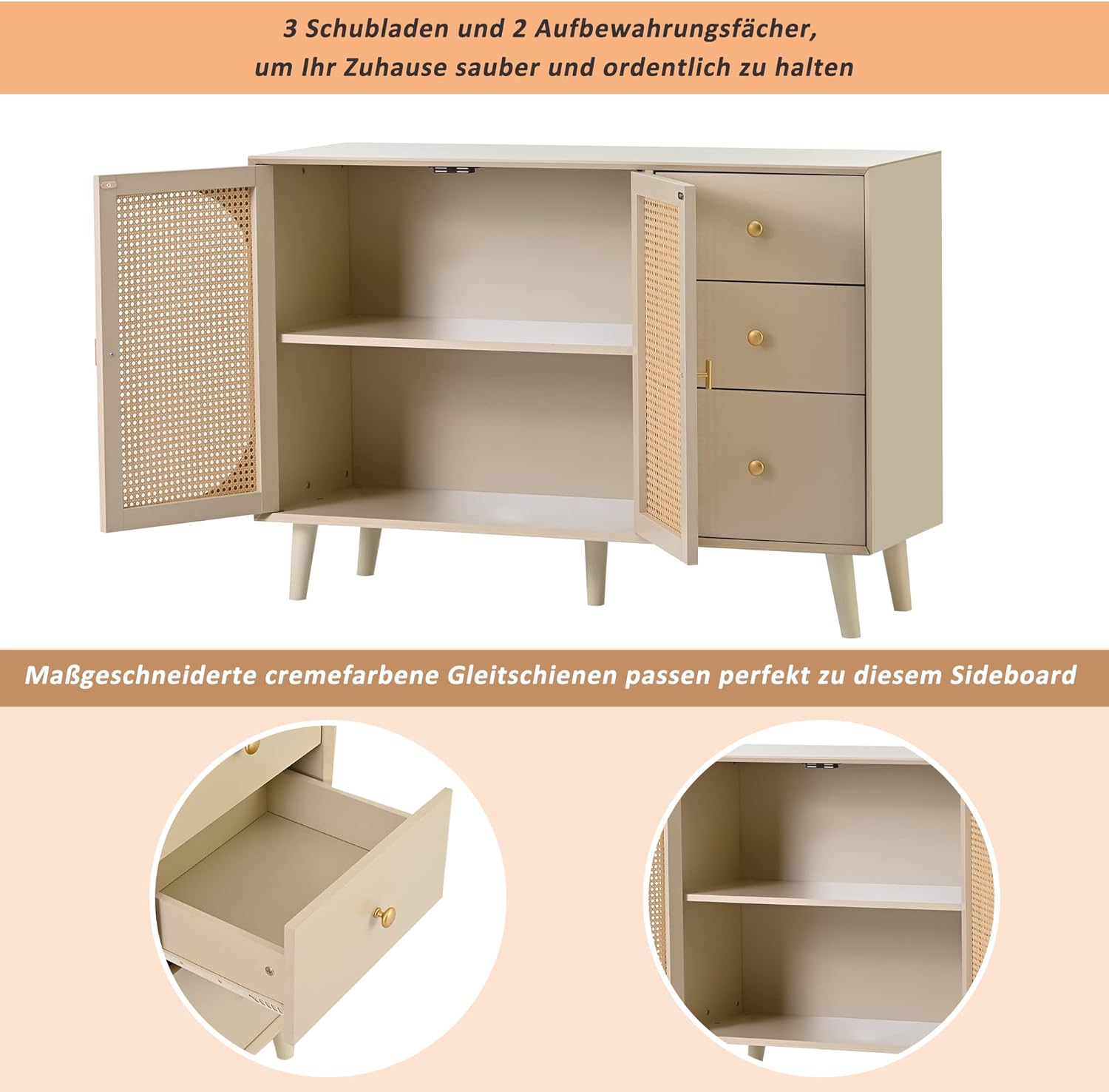 Merax Kommode mit 3 Schubladen und 2 Türen, Rattan Sideboard Schubladenschrank aus Holz, Highboard TV-Tisch mit viel Stauraum, für Schlafzimmer & Wohnräume & Büro, Offwhite, 120 x 40 x 82,5 cm — Ansicht 5