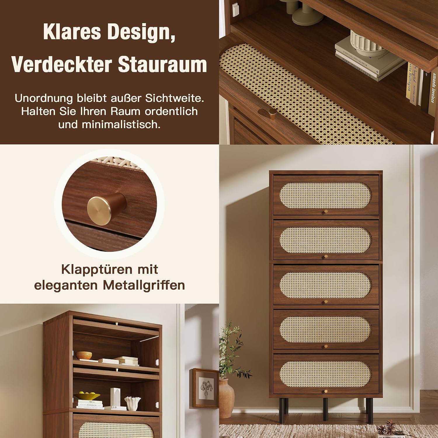 Merax Kommode mit 5 Schublade, Sideboard Nussbaum mit Rattan, Komodenschrank, Mehrzweckschrank, Kommode, Flurschrank, Highboard für Schlafzimmer und Wohnzimmer, Retro, 80x40x163 cm, Nussbaum — Ansicht 4