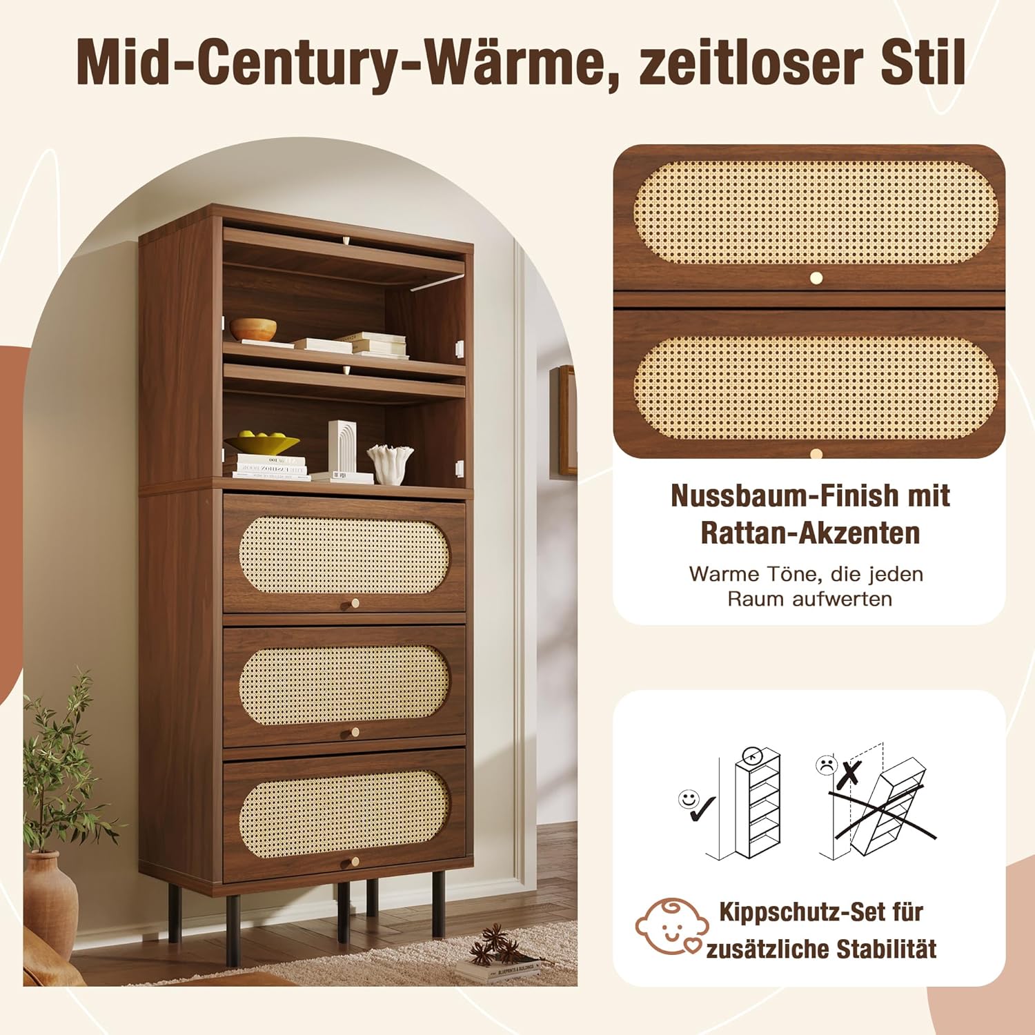 Merax Kommode mit 5 Schublade, Sideboard Nussbaum mit Rattan, Komodenschrank, Mehrzweckschrank, Kommode, Flurschrank, Highboard für Schlafzimmer und Wohnzimmer, Retro, 80x40x163 cm, Nussbaum — Ansicht 5