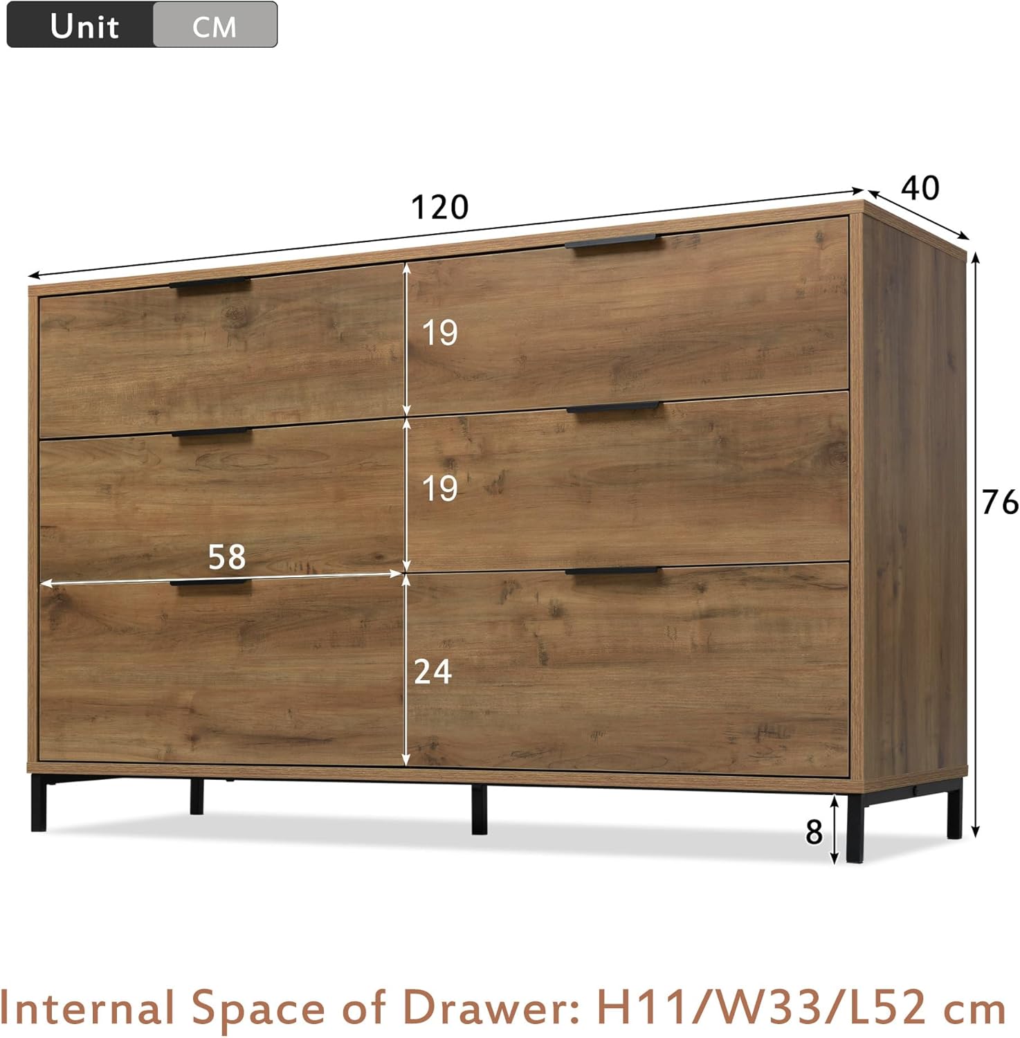 Merax Kommode mit 6 Schubladen 120 cm, Sideboard Schubladenschrank mit Viel Stauraum, Aufbewahrungsschrank in Dunkle Eiche, Verstellbares Metallbeinen, für Schlafzimmer, Wohnzimmer, 120 x 40 x 76 cm — Ansicht 2