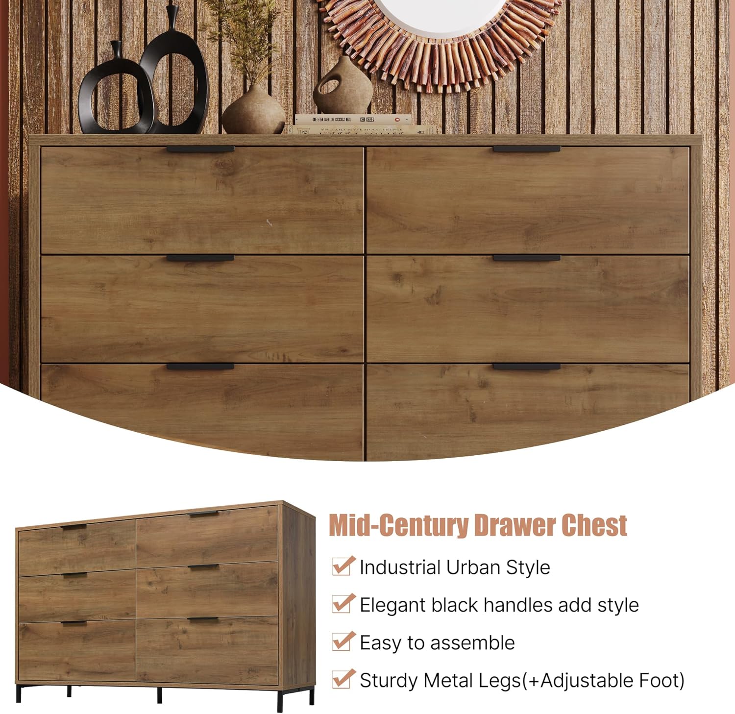 Merax Kommode mit 6 Schubladen 120 cm, Sideboard Schubladenschrank mit Viel Stauraum, Aufbewahrungsschrank in Dunkle Eiche, Verstellbares Metallbeinen, für Schlafzimmer, Wohnzimmer, 120 x 40 x 76 cm — Ansicht 6