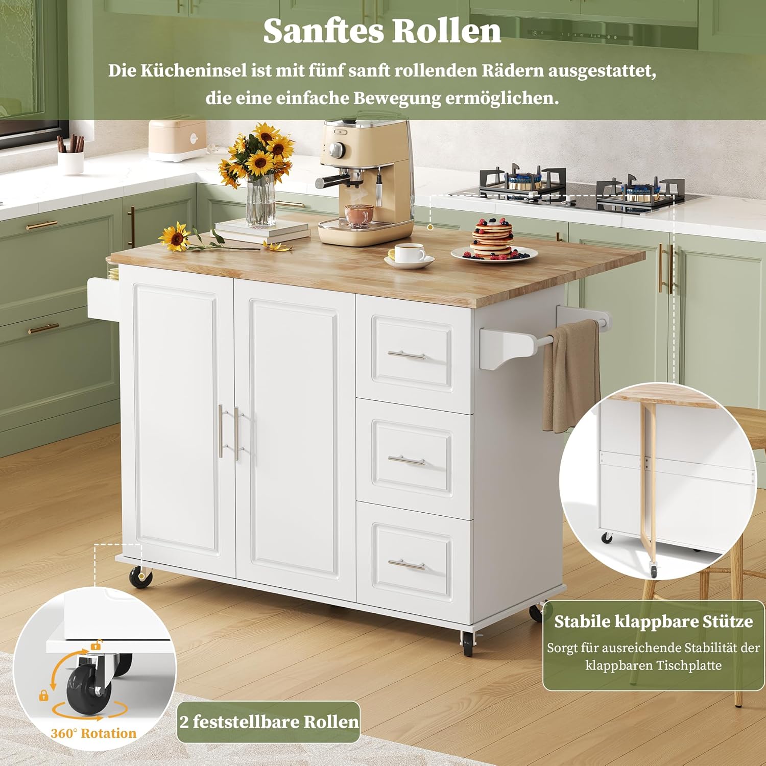 Merax Kücheninsel Freistehend, Kitchen Island mit Klappbarer Arbeitsplatte, 5 Rollen, Verstellbarer Ablage, 3 Schubladen und Gewürzregal, Küchenwagen, Küchenschrank für Küche, 137×76×92cm (Weiß) — Ansicht 3