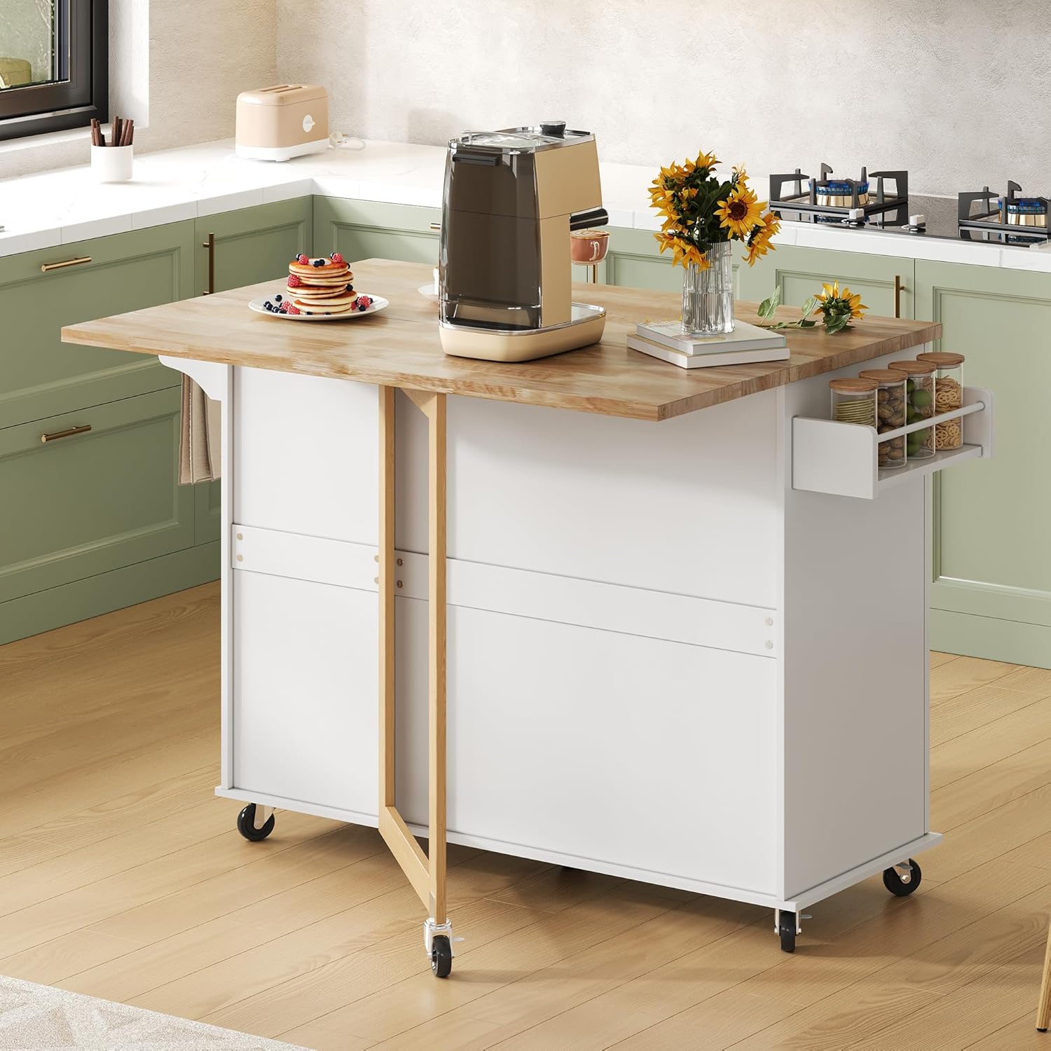 Merax Kücheninsel Freistehend, Kitchen Island mit Klappbarer Arbeitsplatte, 5 Rollen, Verstellbarer Ablage, 3 Schubladen und Gewürzregal, Küchenwagen, Küchenschrank für Küche, 137×76×92cm (Weiß) — Ansicht 6
