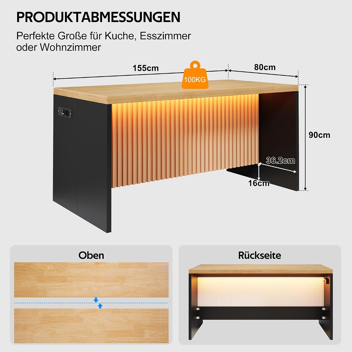 Merax Kücheninsel Freistehend mit 40mm Holzoptik Arbeitsplatte, Kücheninsel mit LED, Steckdose 2xSteckdosen,2xUSB, Moderne Bartisch für Küche, Esszimmer, 155 x 80 x 90cm, Schwarz + Natur — Ansicht 2