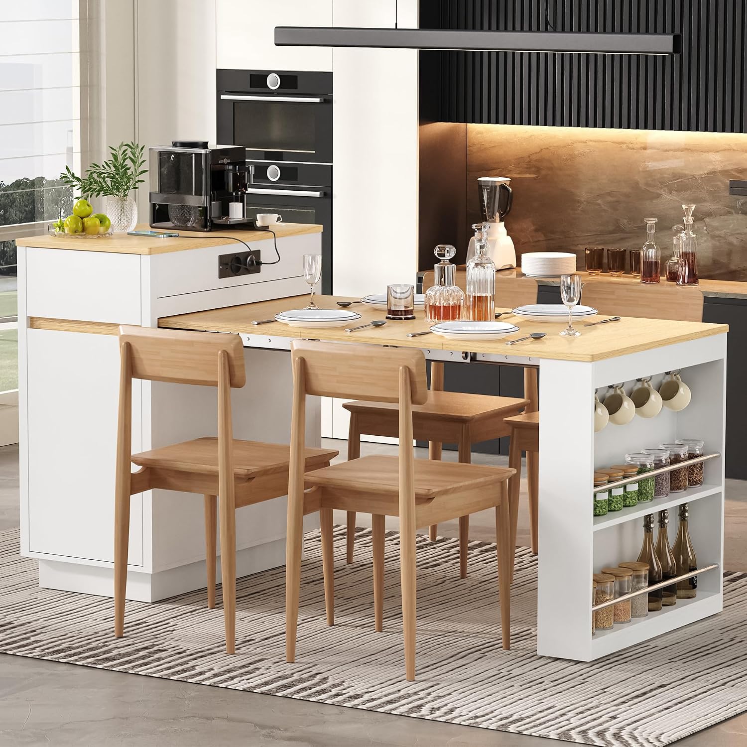 Merax Kücheninsel Freistehend mit Rollen, Ausziehbarer Esstisch 154 cm, Küchenschrank mit LED & Steckdosenleisten & Viel Stauraum & Haken, Multifunktionaler Bartisch für Küche und Esszimmer, Weiß — Ansicht 2