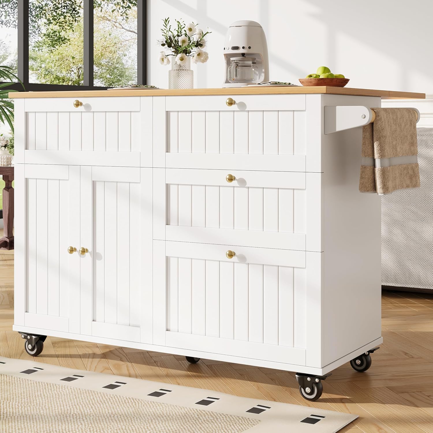 Merax Kücheninsel Küchenschrank mit abklappbarer Arbeitsplatte, Servierwagen freistehend auf Rollen, Kücheninselwagen mit 3 Schubladen, 3 Türen, Handtuchhalter, Buffetschrank für Esszimmer, Weiß — Ansicht 2