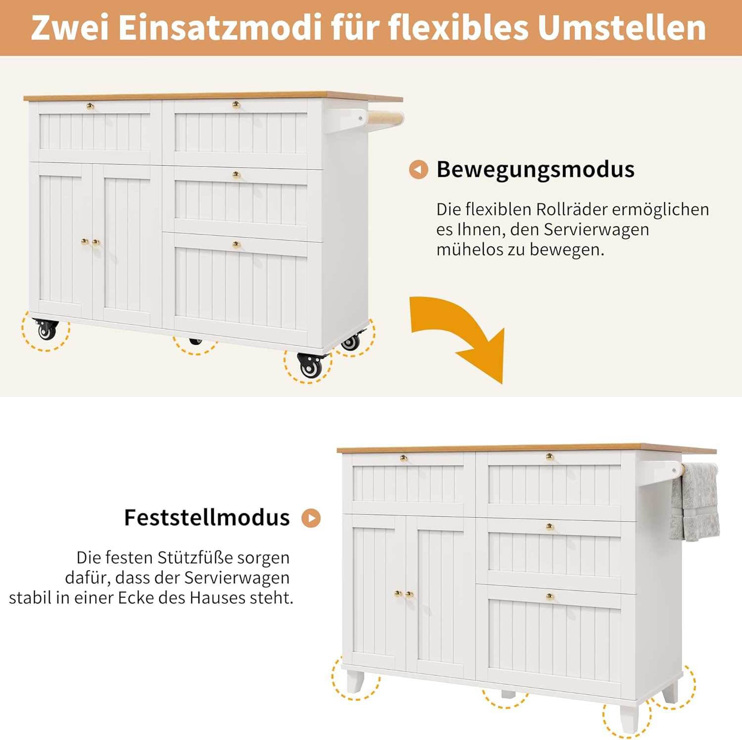Merax Kücheninsel Küchenschrank mit abklappbarer Arbeitsplatte, Servierwagen freistehend auf Rollen, Kücheninselwagen mit 3 Schubladen, 3 Türen, Handtuchhalter, Buffetschrank für Esszimmer, Weiß — Ansicht 5