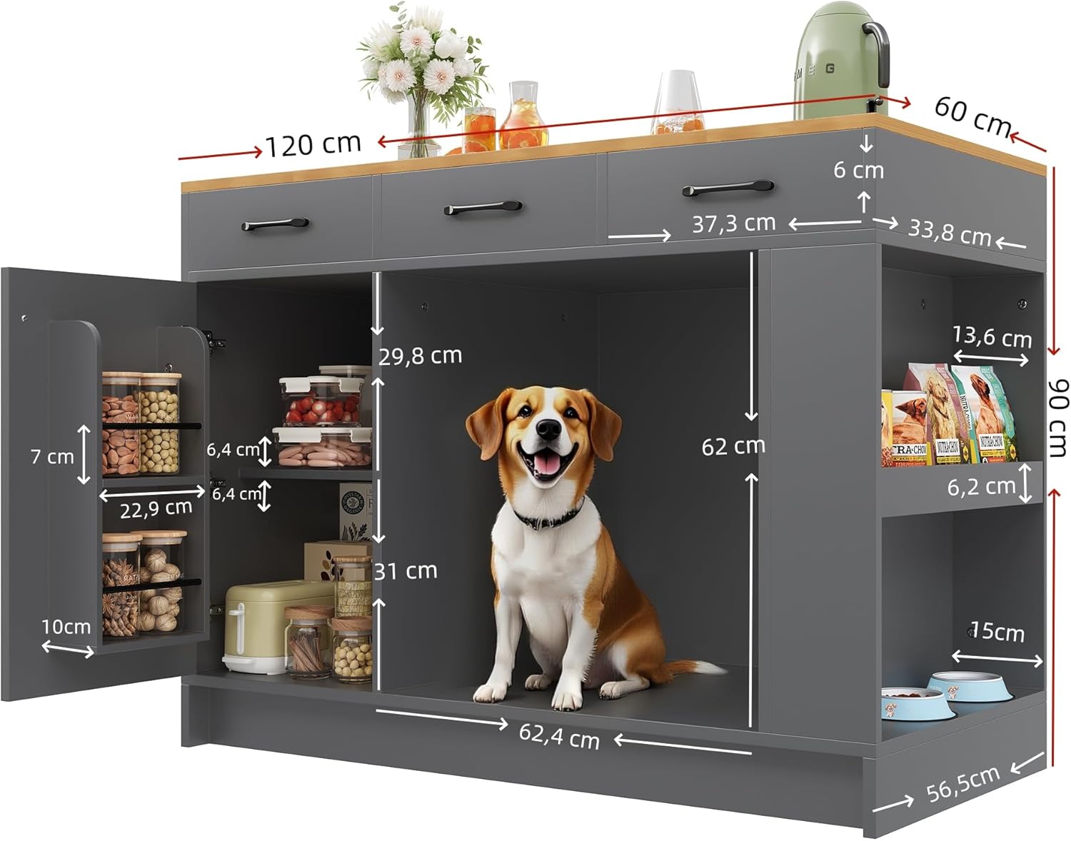 Merax Kücheninsel Küchenschrank mit Arbeitsplatte, Sideboard mit Lagerungsschrank, Schubladen, Gewürzablage, Offene Regale, Verstellbare Regale, Haustierbereich, MDF-Tischplatte mit Holzmaserung, Grau — Ansicht 2