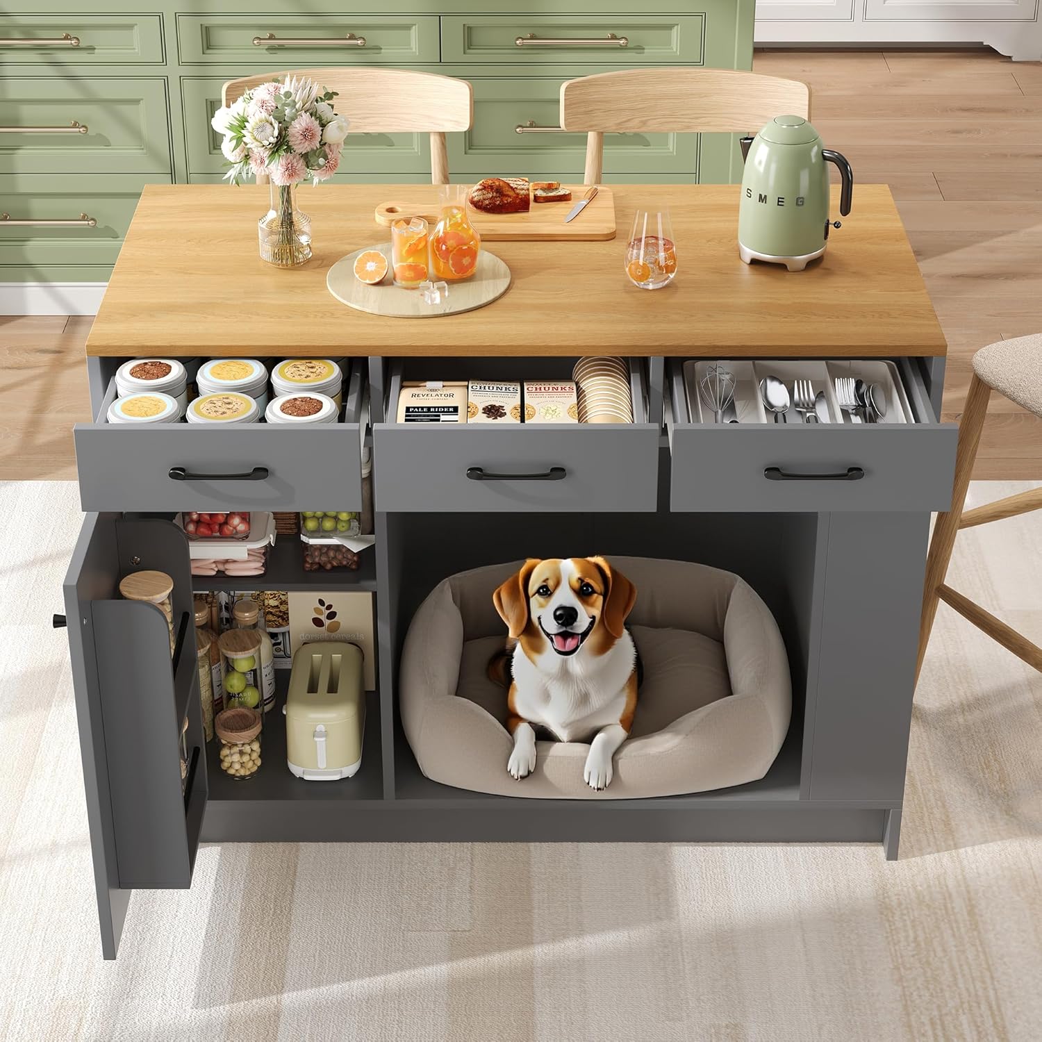 Merax Kücheninsel Küchenschrank mit Arbeitsplatte, Sideboard mit Lagerungsschrank, Schubladen, Gewürzablage, Offene Regale, Verstellbare Regale, Haustierbereich, MDF-Tischplatte mit Holzmaserung, Grau — Ansicht 4