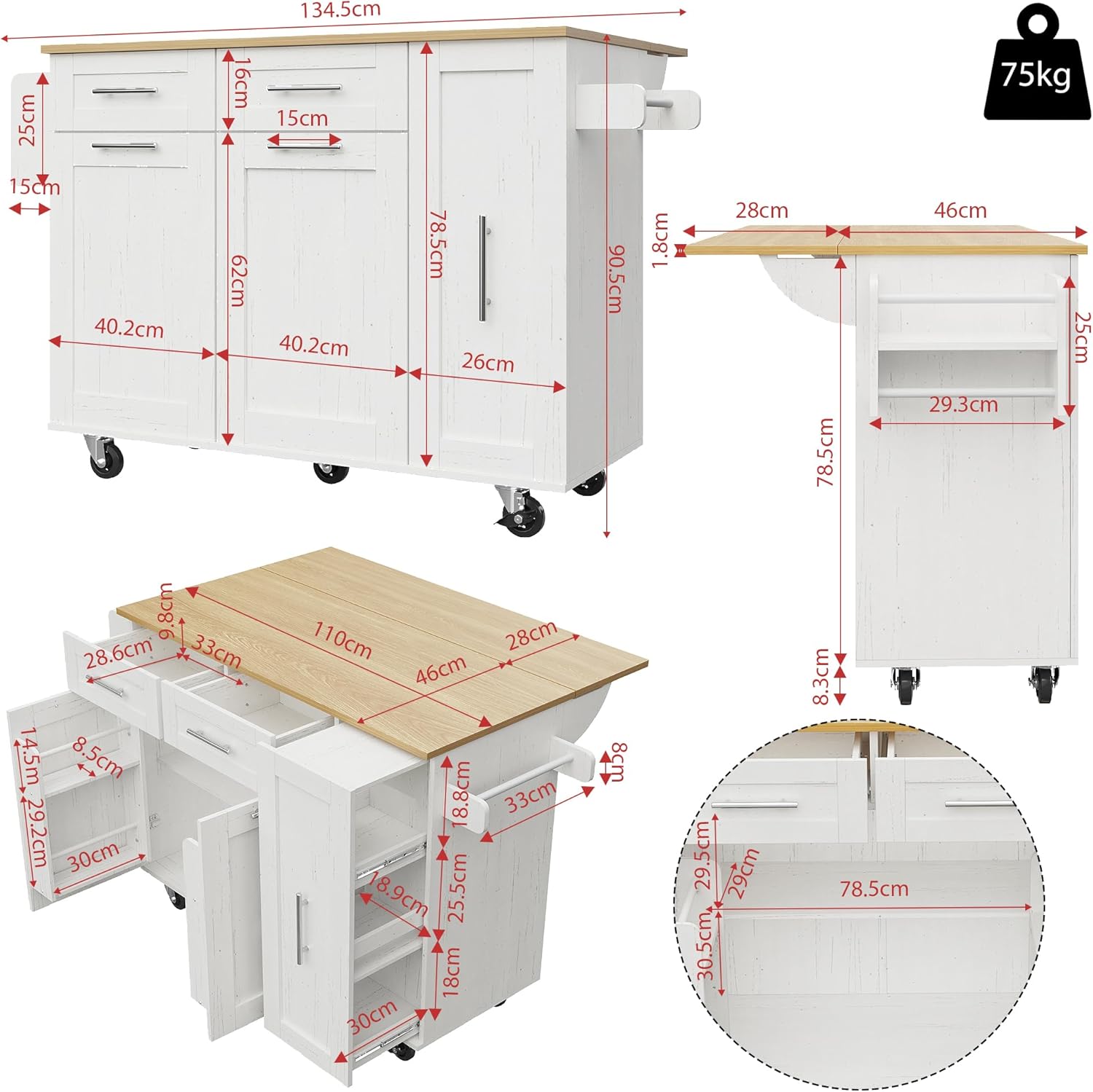 Merax Kücheninsel mit klappbare Arbeitsplatte, beweglicher Küchenwagen mit 3 Türen, 2 Schubladen, Lagerraum Ausziehbar für Gewürzregal, Handtuchregale an der Seite, 110×46(74)×90.5cm/Weiß — Ansicht 4