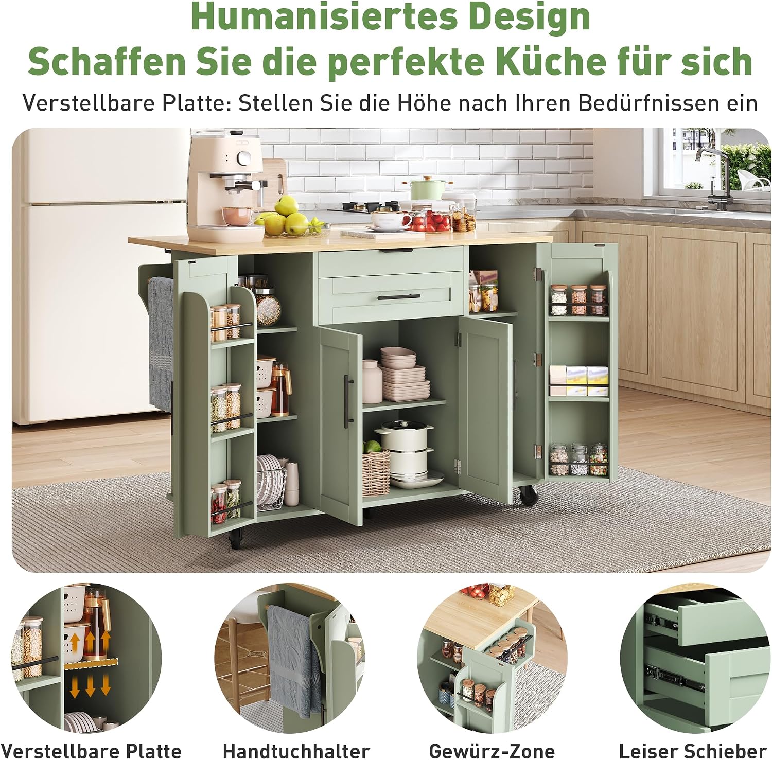 Merax Kücheninsel mit Klappbarer Arbeitsplatte, Kitchen Island mit Rollen, Schrank, Verdeckte Schubladen, Handtuchhalter und Gewürzregal, Küchenwagen, Küchenschrank, 136×70×92cm (Grün) — Ansicht 2