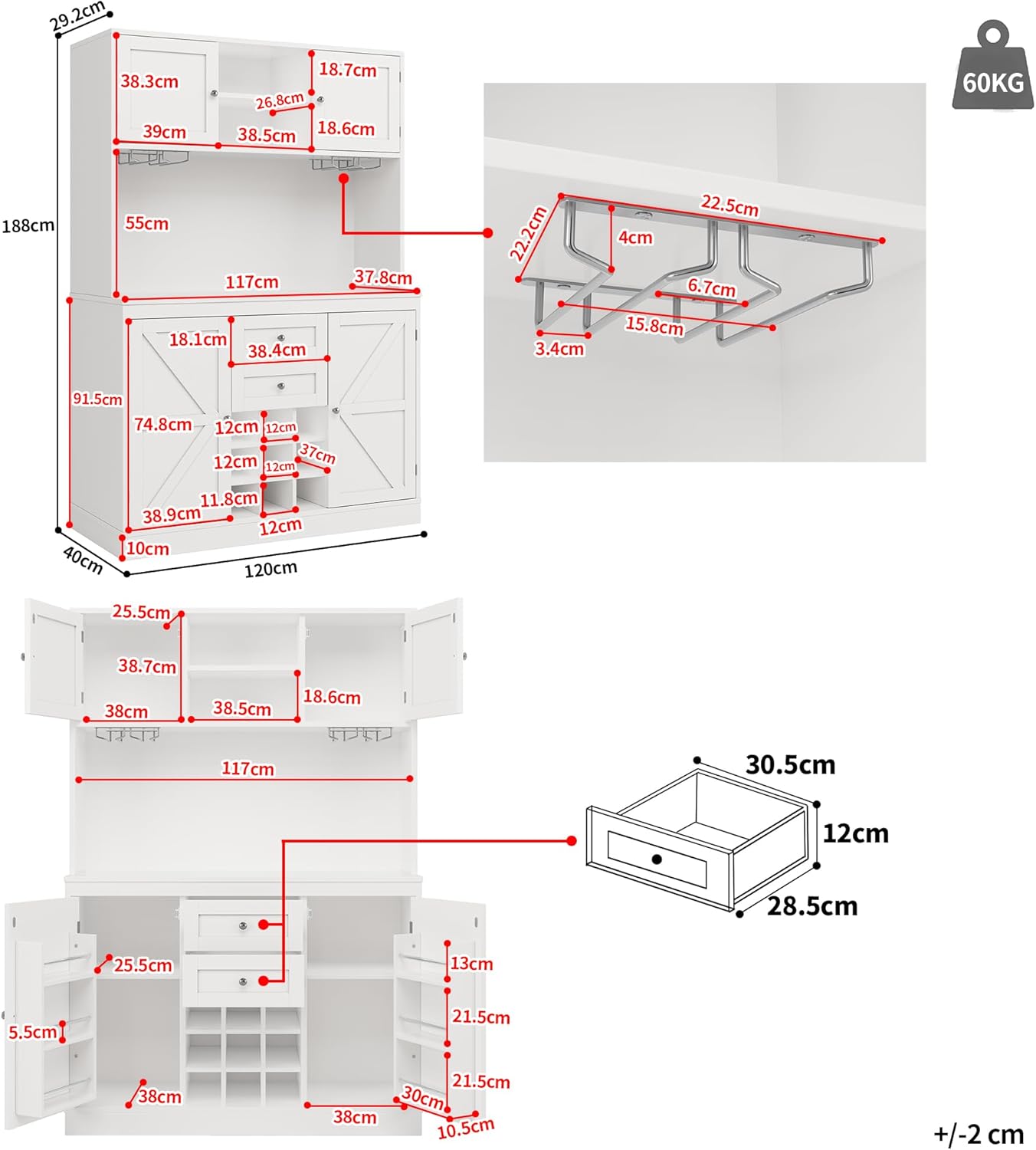 Merax Küchenschrank Buffetschrank, Hochschrank Sideboard, Küchenbuffet Vorratsschrank mit Arbeitsplatte, 4 Türen, 2 Schubladen, Weinglasregal, Offene Fächer, Mehrzweckschrank, 120x40x188cm, Weiß — Ansicht 2
