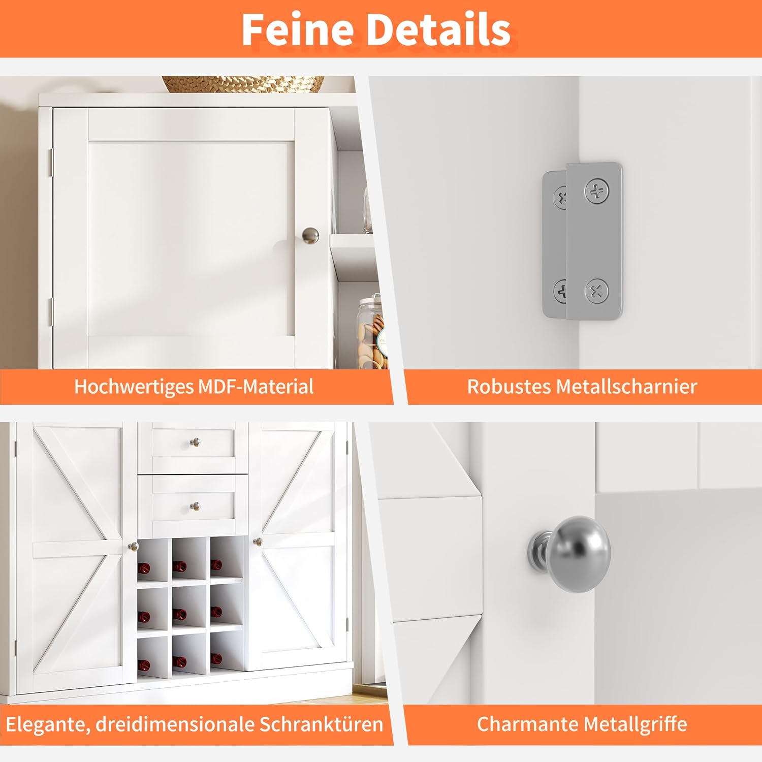 Merax Küchenschrank Buffetschrank, Hochschrank Sideboard, Küchenbuffet Vorratsschrank mit Arbeitsplatte, 4 Türen, 2 Schubladen, Weinglasregal, Offene Fächer, Mehrzweckschrank, 120x40x188cm, Weiß — Ansicht 5
