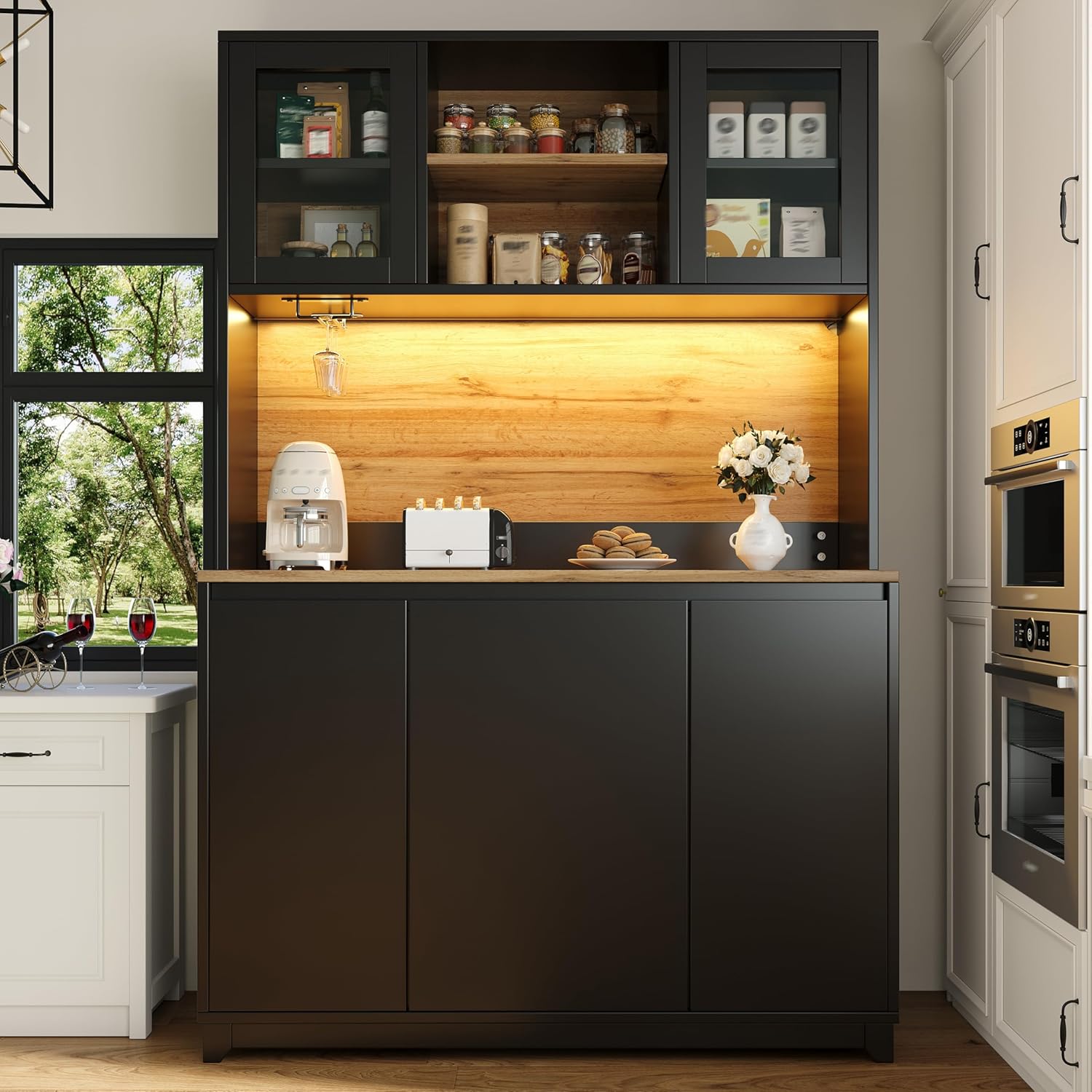 Merax Küchenschrank Buffetschrank mit LED, Mehrzweckschrank, Vorratsschrank, Hochschrank mit Arbeitsplatte, integriertem Abfallfach, Acryltüren, Sideboard für Küche, Esszimmer, 120x40x180cm, Schwarz — Ansicht 4