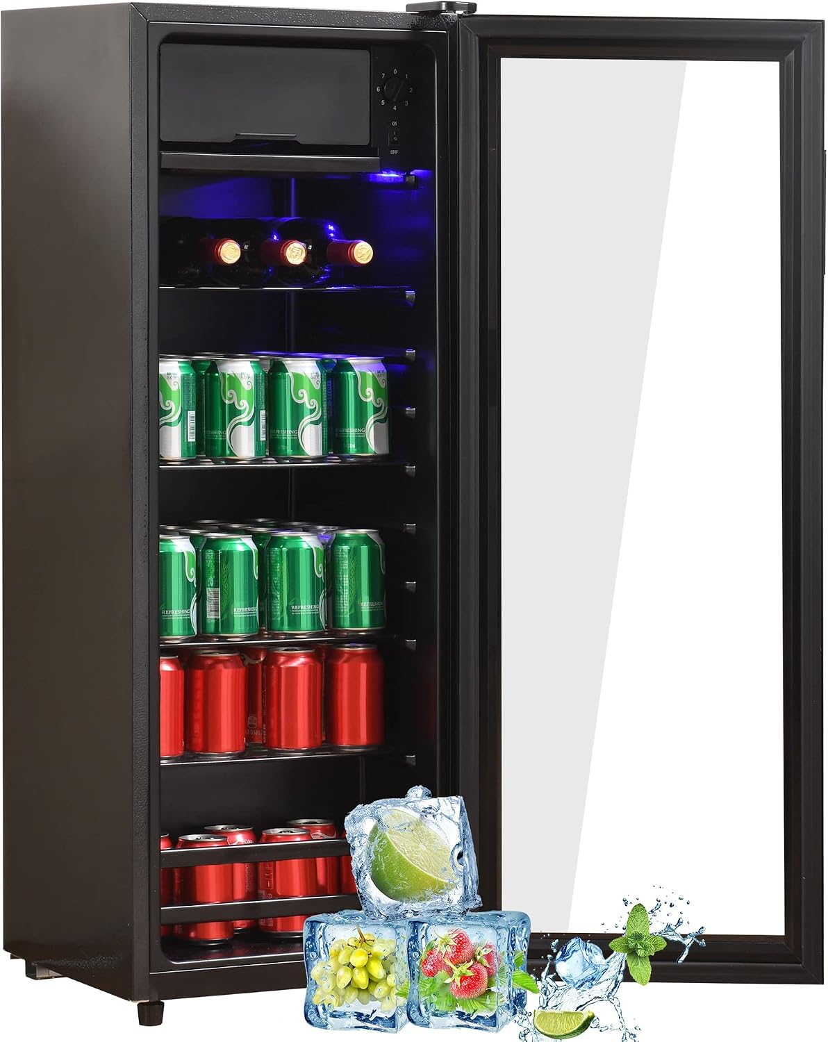 Merax Kühlschrank 128L reistehender Getränkekühler,8L-Gefrierschrank+120L-Kühlschrank,fasst 94 Dosen Limonade,Geräuscharmer Betrieb,Kompressorkühlsystem, energieeffizient,verstellbare Einlegeböden