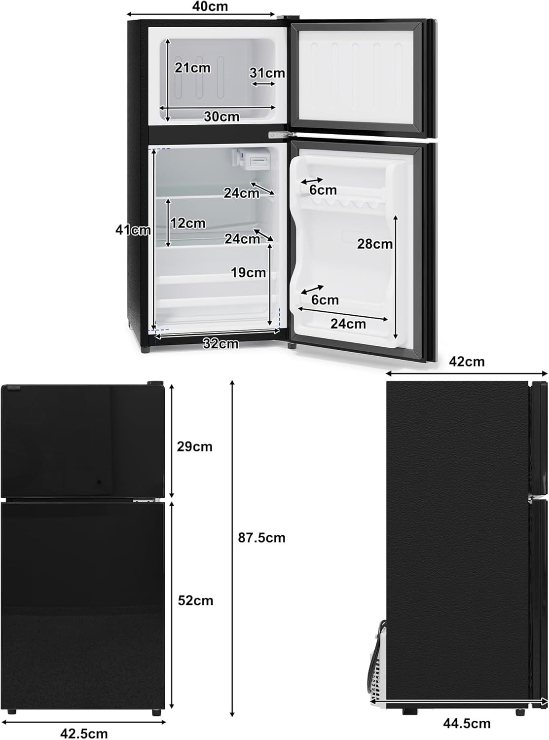Merax Kühlschrank mit Gefrierfach, 60L Kleiner Kühlschrank, kompakt, Glastür, LED-Innenbeleuchtung, manuelle Temperaturregelung, Glasablagen, 45 dB(A), Mini Fridge für Studentenwohnheim Büro, Schwarz — Ansicht 3
