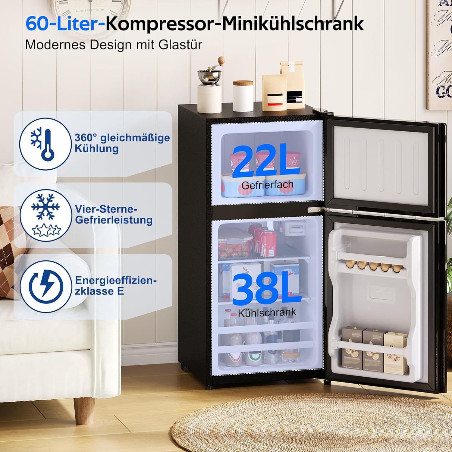 Merax Kühlschrank mit Gefrierfach, 60L Kleiner Kühlschrank, kompakt, Glastür, LED-Innenbeleuchtung, manuelle Temperaturregelung, Glasablagen, 45 dB(A), Mini Fridge für Studentenwohnheim Büro, Schwarz — Ansicht 4