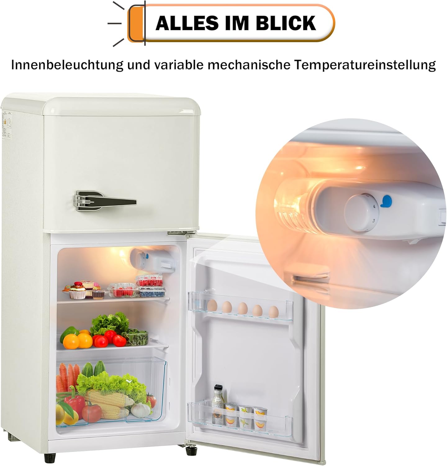 Merax Kühlschrank mit Gefrierfach, Kühl-Gefrierkombination, 60 Liter Doppeltür Kühlschrank, 22L Gefrierschrank, 45dB, LED, Gemüsefach, Türablagen, Retro-Griff, für Familie, Büro, Restaurant, Cremeweiß — Ansicht 6