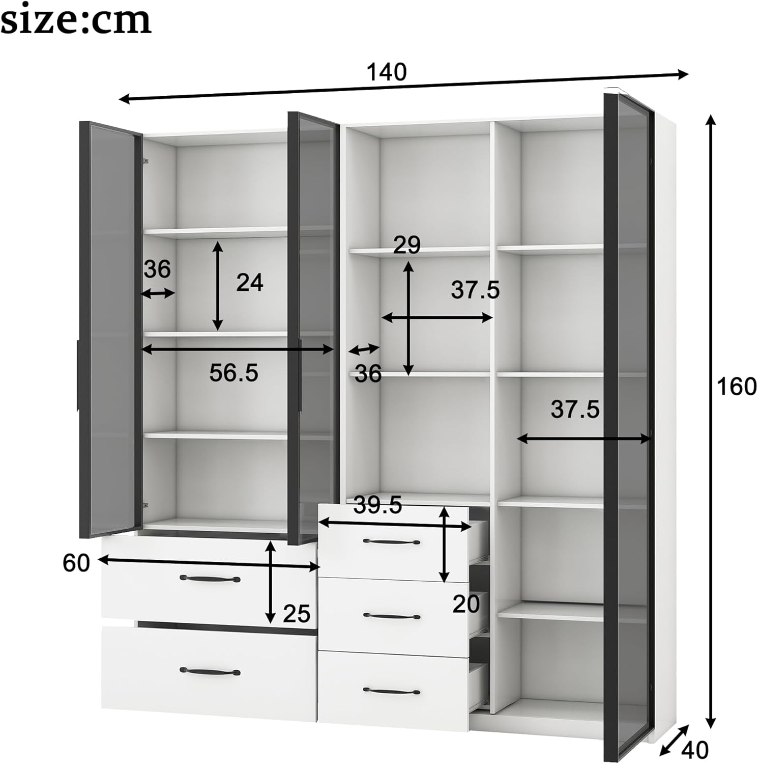 Merax LED-Vitrine 140x40x160 cm, Multifunktionsschrank mit Glas- und offenen Fächern, mehrfarbige LED-Beleuchtung, staubdichte Glasfront, Weiß — Ansicht 2