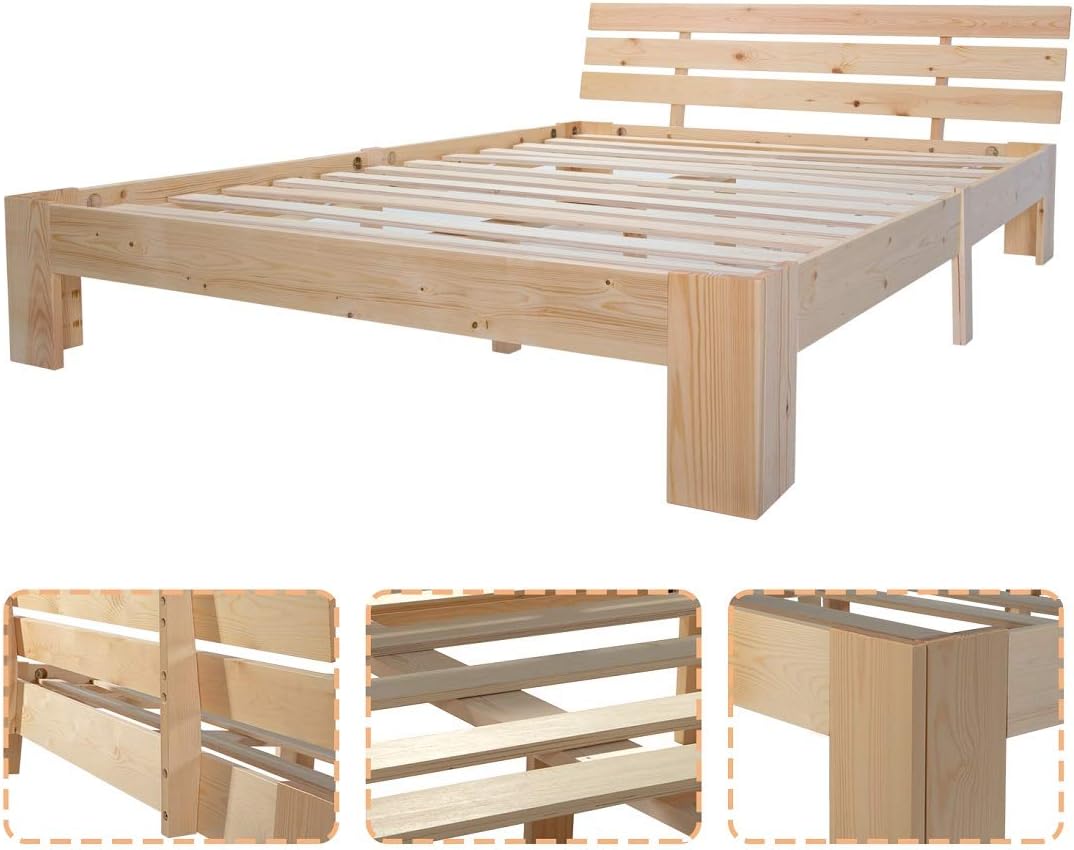Merax Massivholzbett Holzbett Doppelbett, Bettrahmen aus Holz mit Kopfteil und Lattenrost, 140 x 200 cm, Holzlattenunterstützung, Stauraum unter dem Bett, Schlafzimmermöbel, Eichefarbig — Ansicht 4