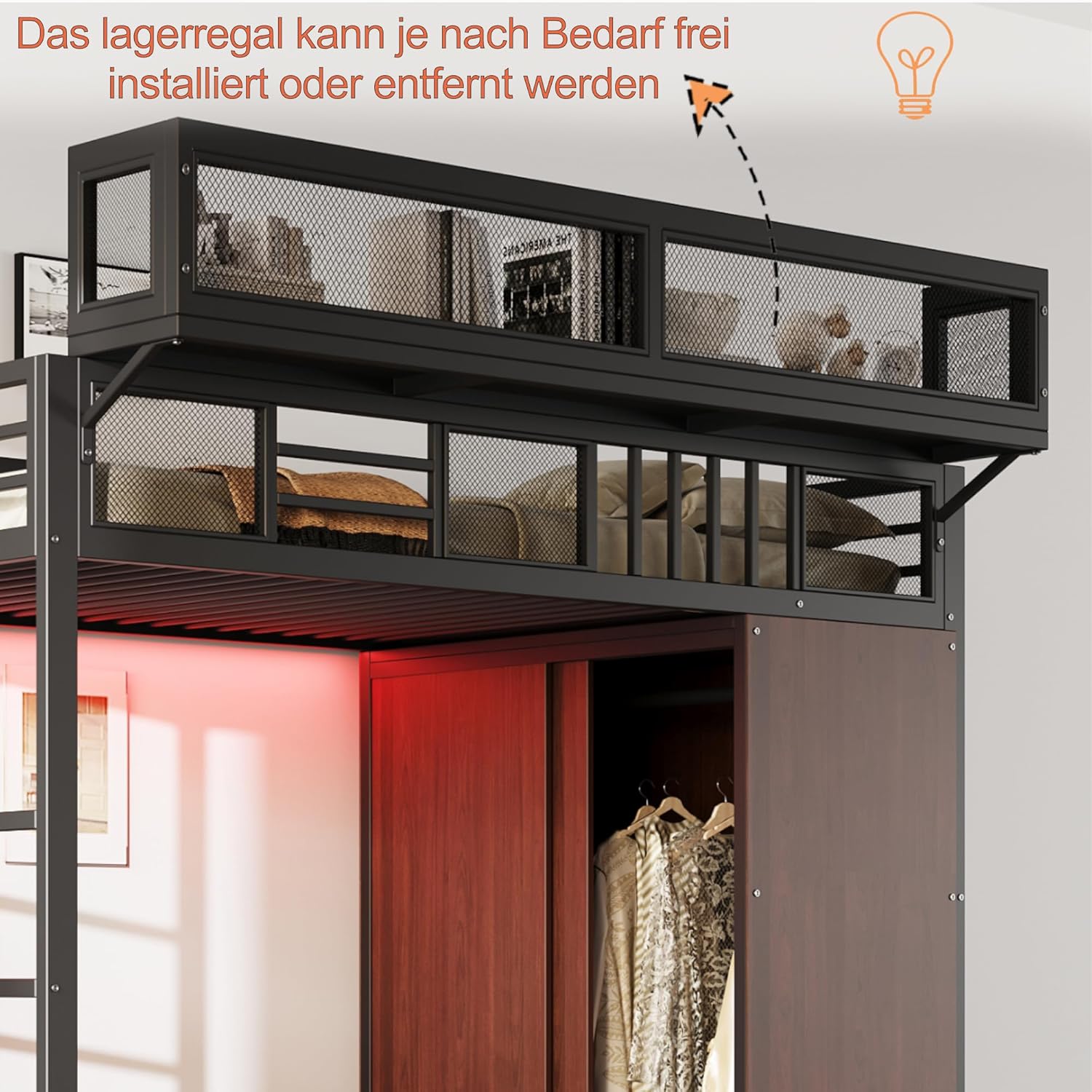 Merax Metall-Hochbett 90×200 cm, mit Kleiderschrank, LED-Beleuchtung, und abnehmbaren Regalen, platzsparendes Loftbett, Schwarz (ohne Matratze) — Ansicht 3