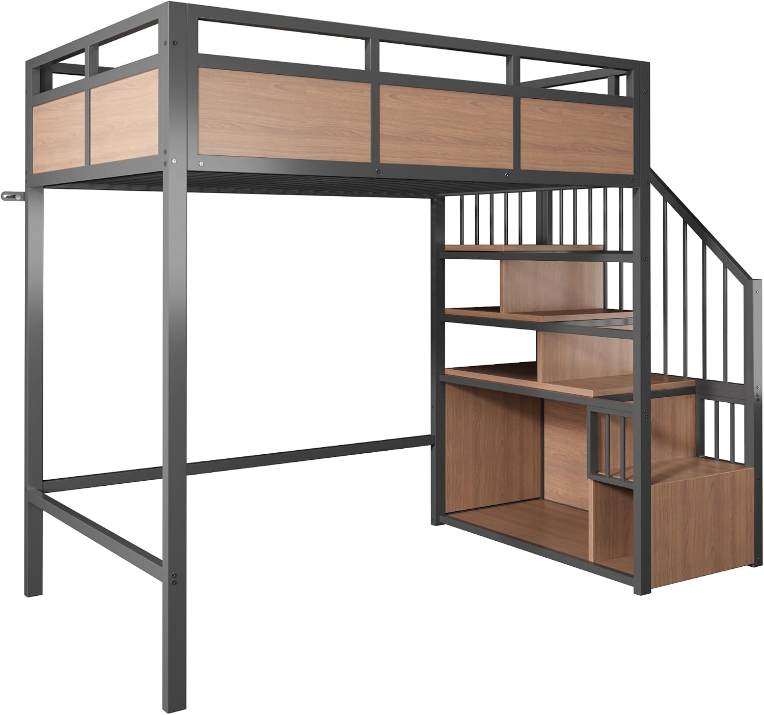 Merax Metall-Hochbett 90x200 cm mit erhöhtem Sicherheitsgitter, beidseitig montierbarer Stauraumleiter & LED – Schwarz (Ohne Matratze) — Ansicht 6