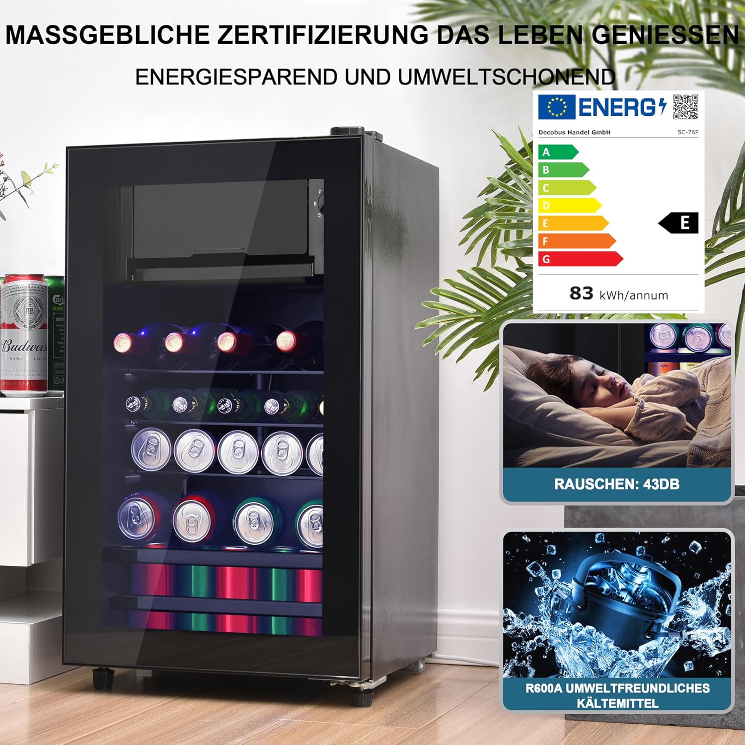 Merax Mini Kühlschrank 76L mit Gefrierfach 6L, Kompressor Kühlschrank leise 43dB, Getränkekühlschrank 51 Dosen Kapazität, freistehender Mini Kühlschrank mit LED & Glastür, Schwarz — Ansicht 5