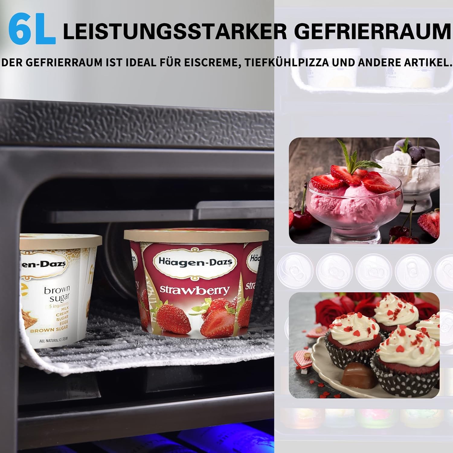 Merax Mini Kühlschrank 76L mit Gefrierfach 6L, Kompressor Kühlschrank leise 43dB, Getränkekühlschrank 51 Dosen Kapazität, freistehender Mini Kühlschrank mit LED & Glastür, Schwarz — Ansicht 6