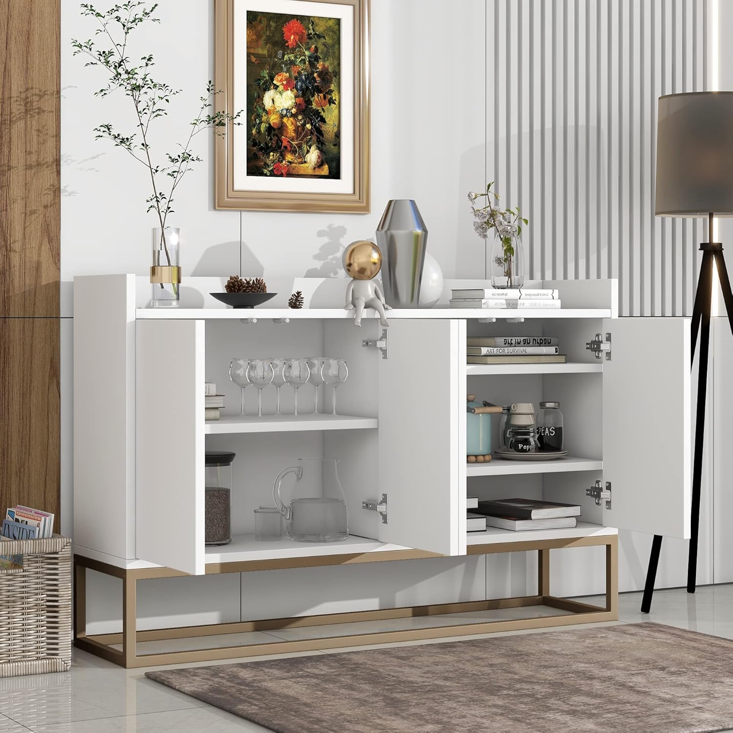 Merax Minimalistisches Sideboard Küchenschrank Buffetschrank Esszimmerschrank in modernem Stil: 4-türiger griffloser Buffetschrank für Esszimmer, Wohnzimmer & Küche 120 × 30 × 80 cm (weiß) — Ansicht 2