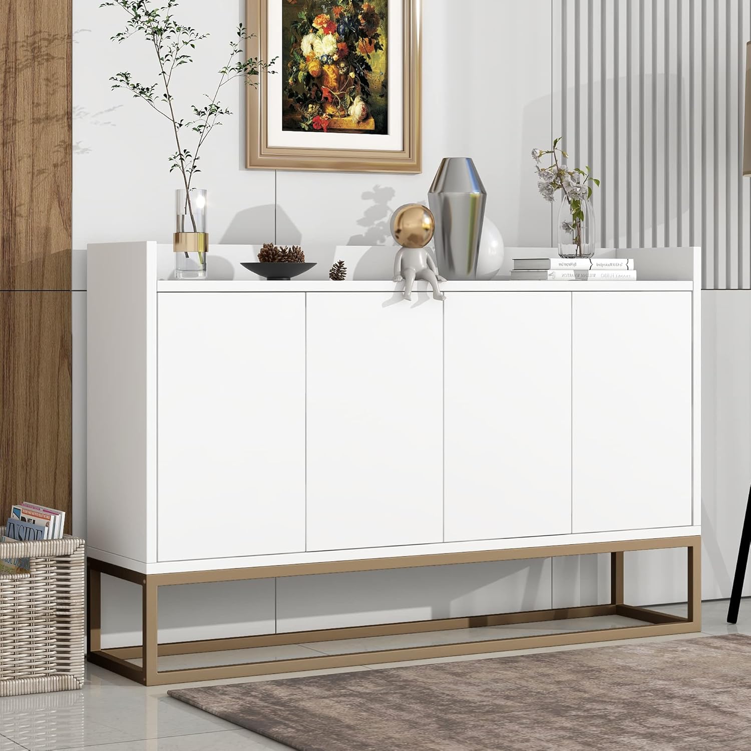 Merax Minimalistisches Sideboard Küchenschrank Buffetschrank Esszimmerschrank in modernem Stil: 4-türiger griffloser Buffetschrank für Esszimmer, Wohnzimmer & Küche 120 × 30 × 80 cm (weiß) — Ansicht 3
