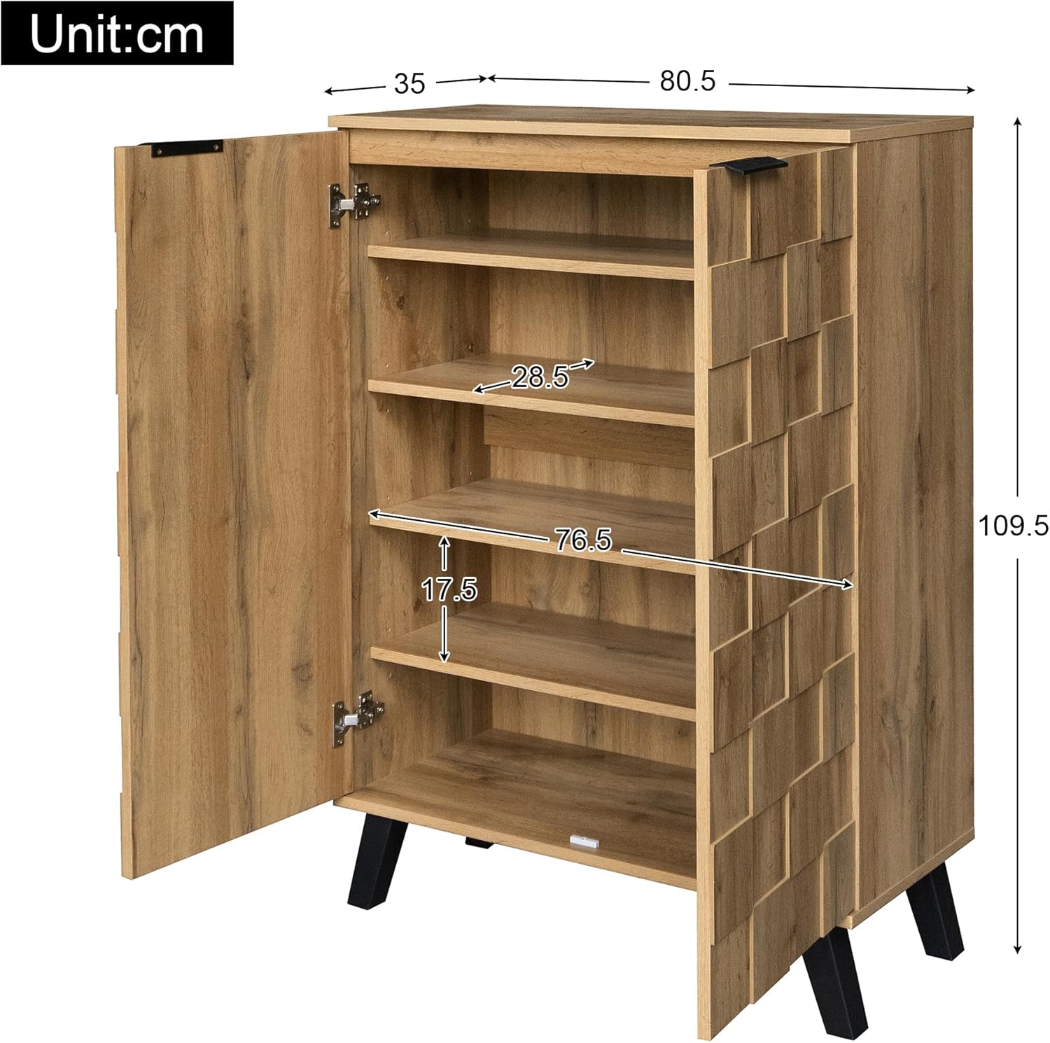 Merax Moderner Schuhschrank, Sideboard mit 5 Fächern, 80,5 x 35 x 109,5 cm, verstellbare Einlegeböden, Schwarze Metallgriffe und Füße, für Flur und Schlafzimmer, Holzfarbe — Ansicht 2
