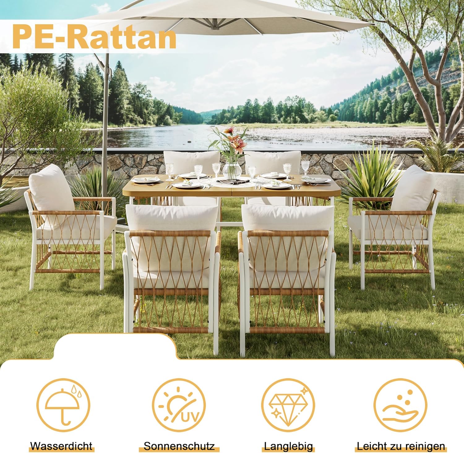 Merax Modernes Gartenmöbel-Set mit Tisch und 6 Stühlen, Eisengestell, Rattan-Armlehnen, Sitz- und Rückenkissen, Freizeit- und Essgruppe für Terrasse, Garten und Außenbereich, Beige — Ansicht 4