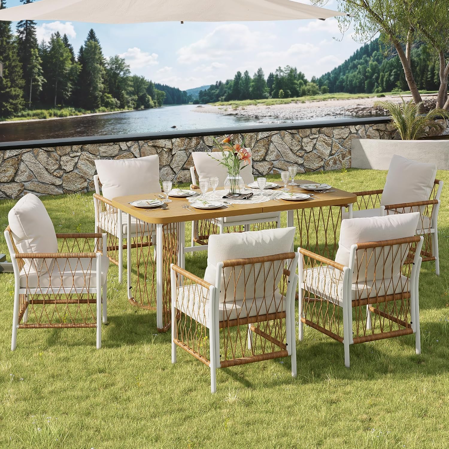 Merax Modernes Gartenmöbel-Set mit Tisch und 6 Stühlen, Eisengestell, Rattan-Armlehnen, Sitz- und Rückenkissen, Freizeit- und Essgruppe für Terrasse, Garten und Außenbereich, Beige — Ansicht 6