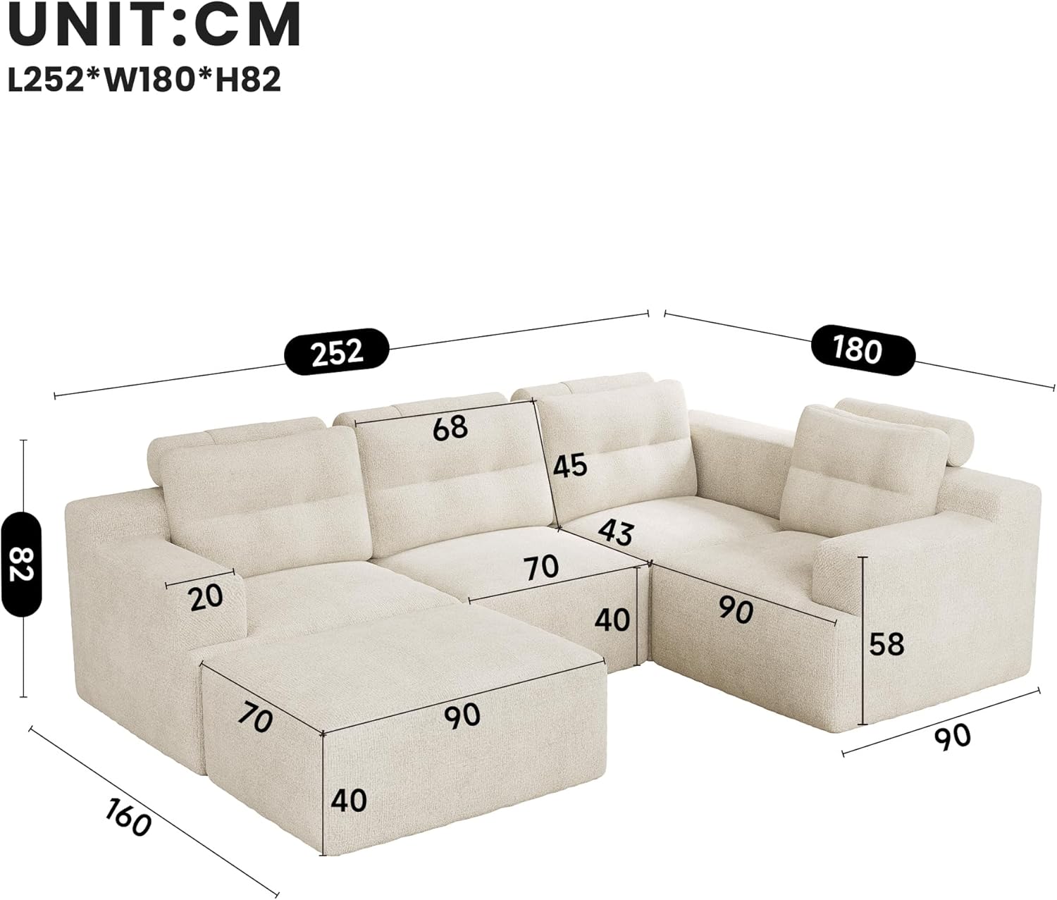 Merax Modulares Sofa & Ecksofa, Wohnlandschaft flexibel als L-Form/U-Form stellbar, rahmenlose Vollschaum-Konstruktion ohne Montage, frei kombinierbare Module, Chenille-Bezug,Beige — Ansicht 2