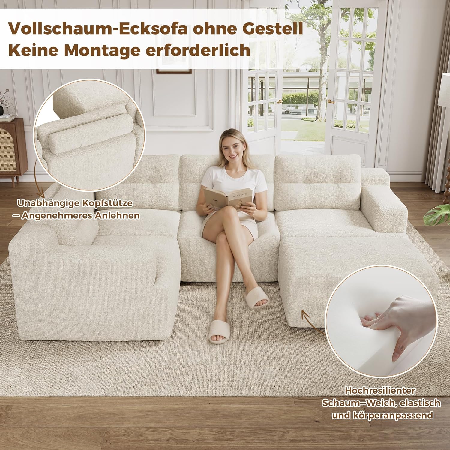 Merax Modulares Sofa & Ecksofa, Wohnlandschaft flexibel als L-Form/U-Form stellbar, rahmenlose Vollschaum-Konstruktion ohne Montage, frei kombinierbare Module, Chenille-Bezug,Beige — Ansicht 5