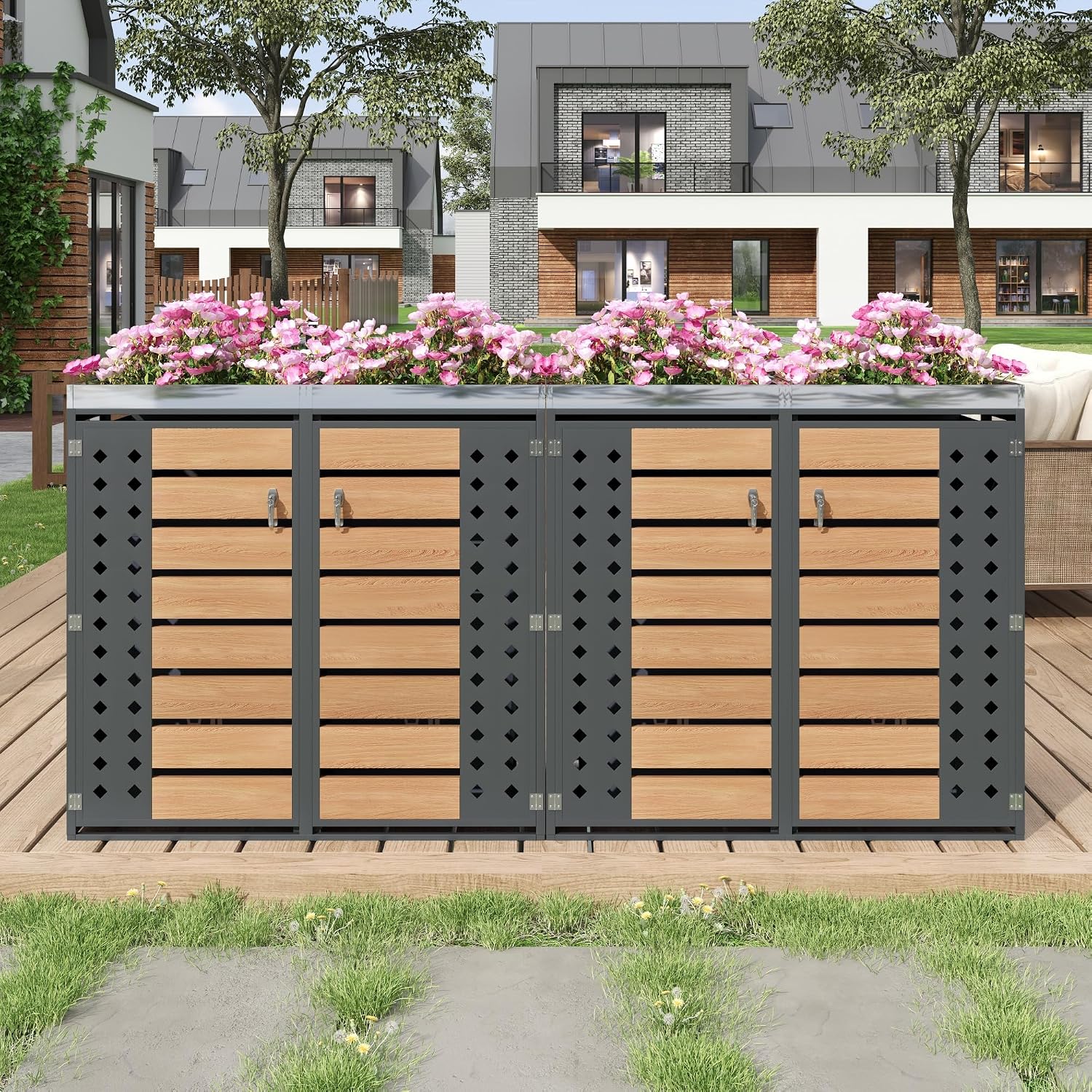 Merax Mülltonnenbox 4 Türen, mit integriertem Pflanzgefäß, abschließbare Mülltonnenverkleidung für 4 Tonnen,verzinkter Stahl, wetterfest & rostfrei, Grau — Ansicht 4