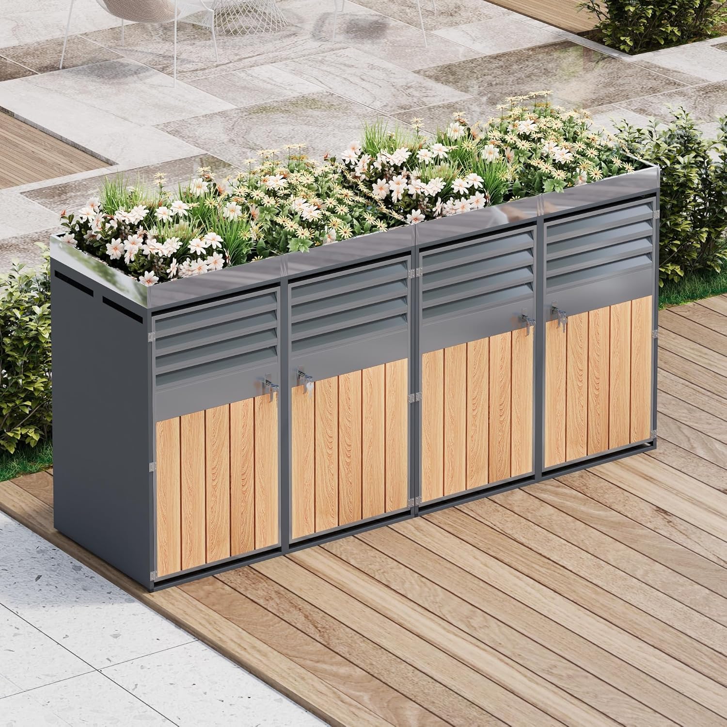 Merax Mülltonnenbox 4er mit Pflanzdach, Abschließbarer Mülltonnenschrank aus verzinktem Stahl, Mülltonnenverkleidung mit Lüftungsöffnung & Lamellen,Viertüriges Türen, für Garten & Terrasse — Ansicht 4